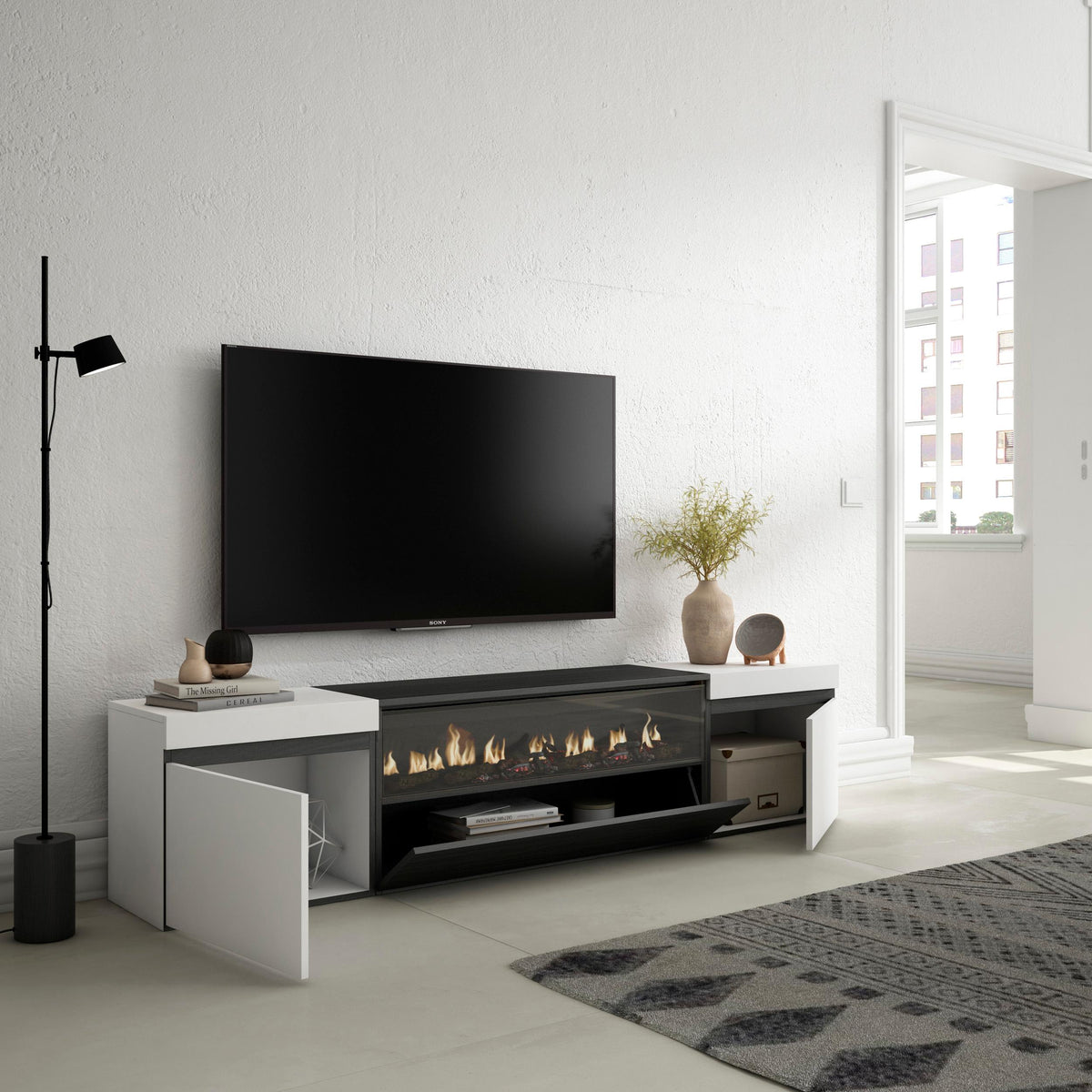 Meuble TV - 200x45x35cm - Cheminée électrique - Pour les TV jusqu'à 80"¨- Blanc et noir