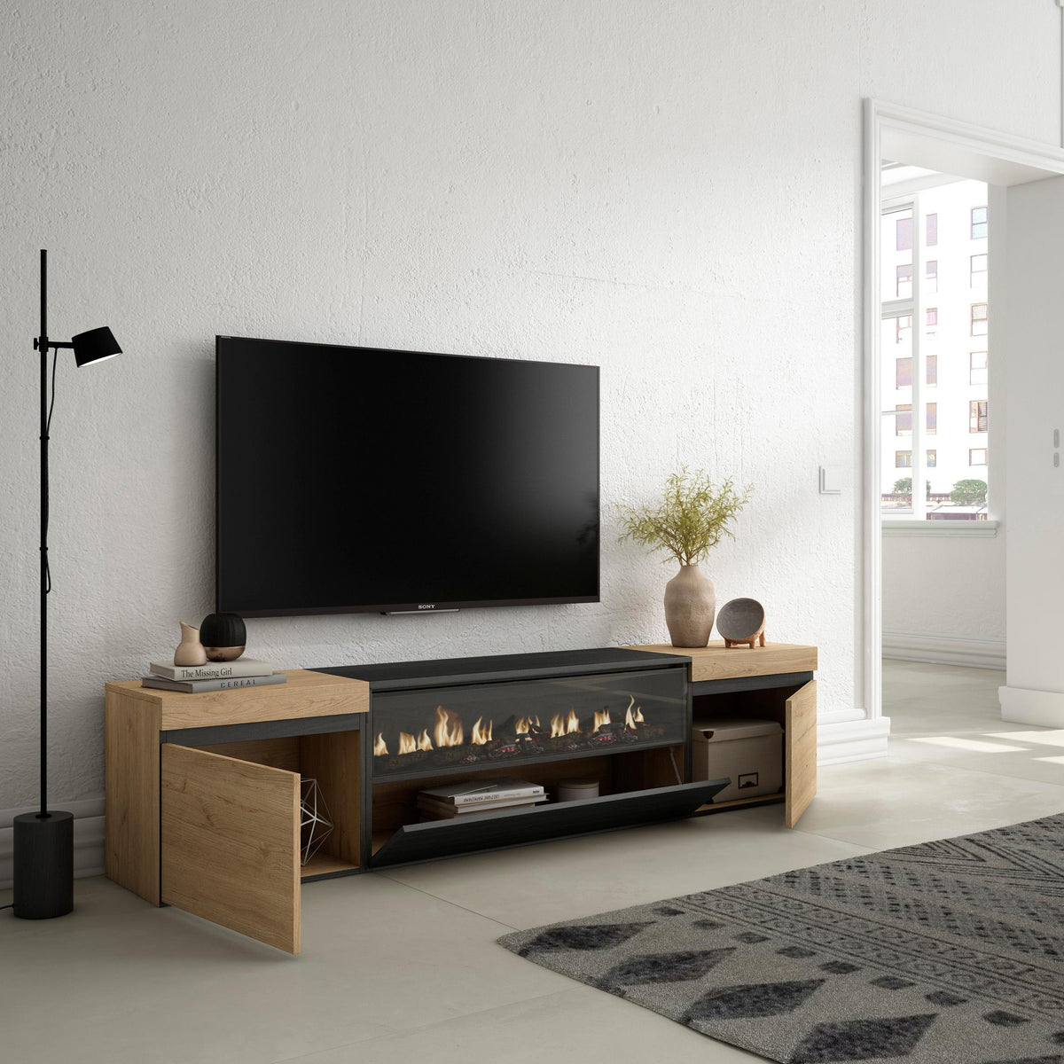 Meuble TV - 200x45x35cm - Cheminée électrique - Pour les TV jusqu'à 80"- Chêne et noir