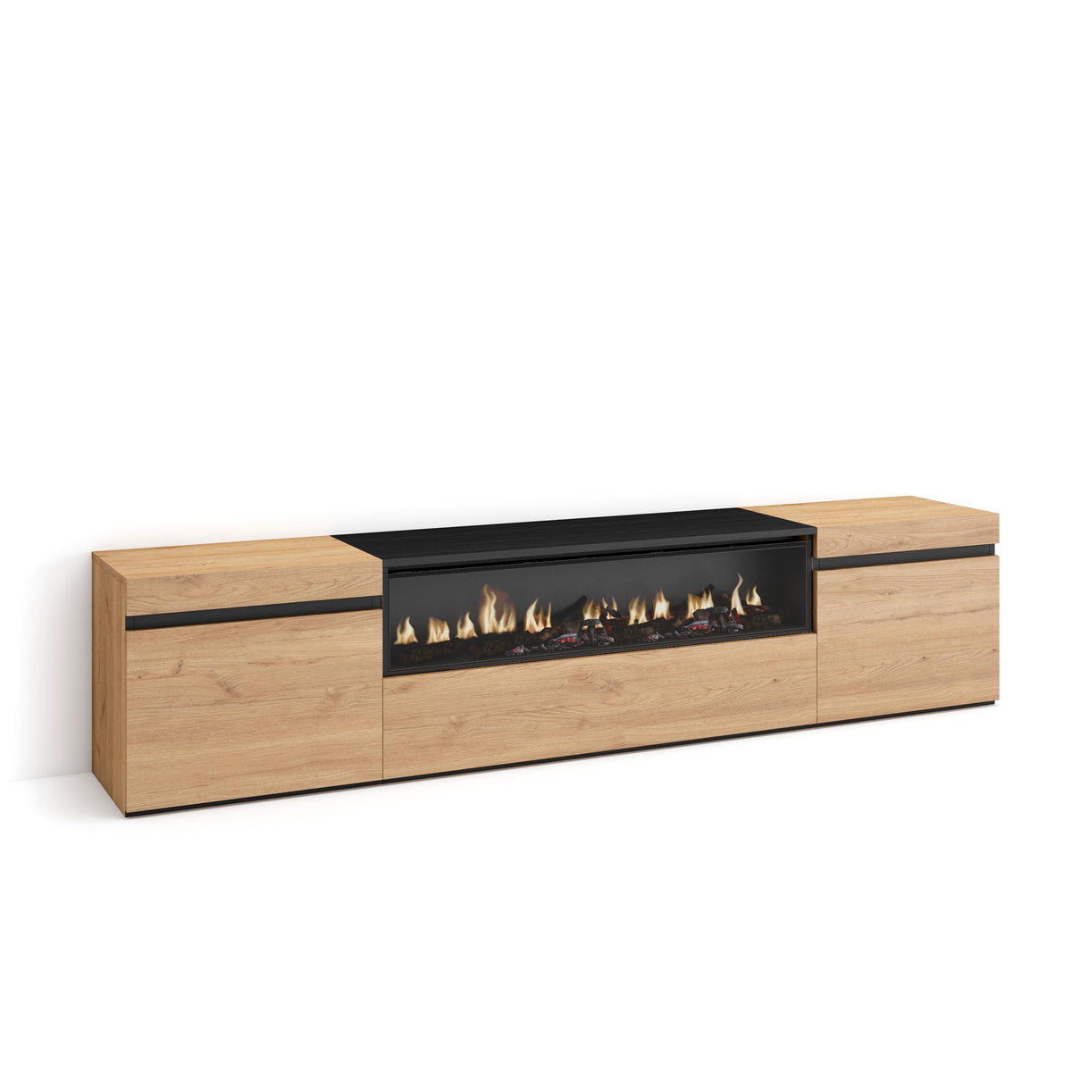 Meuble TV - 200x45x35cm - Cheminée électrique Pour les TV jusqu'à 80" - Chêne et noir