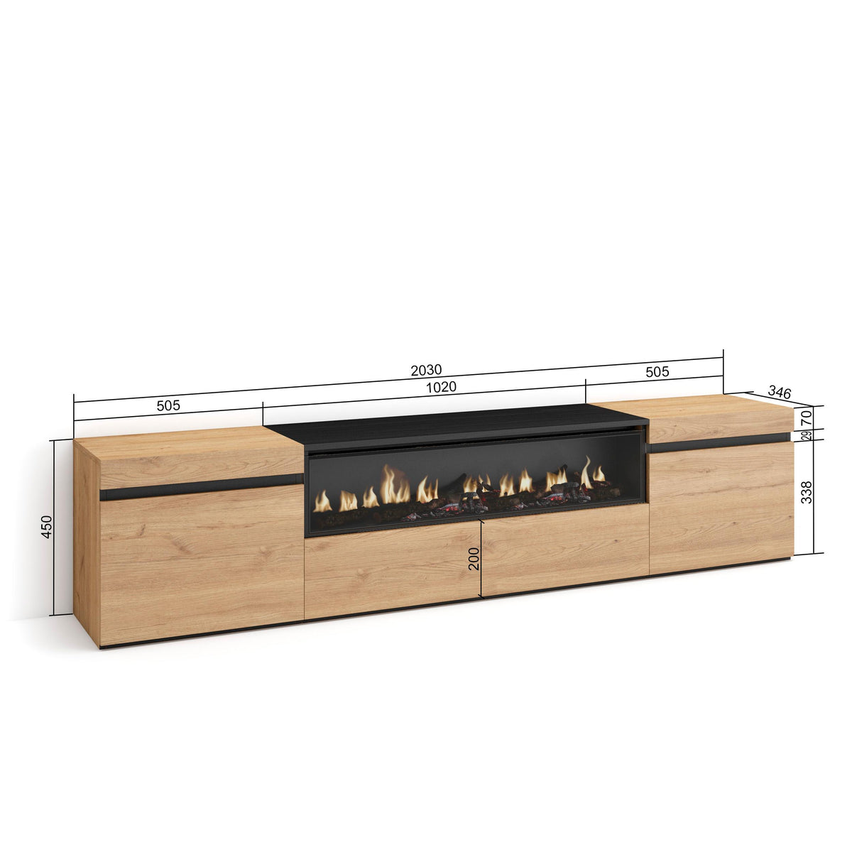 Meuble TV - 200x45x35cm - Cheminée électrique Pour les TV jusqu'à 80" - Chêne et noir