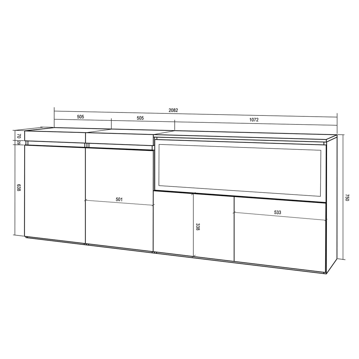 Meuble Buffet Moderne 4 Portes avec Cheminée LED XXL (côté droit) – 208x75x35 cm – Chêne & Noir