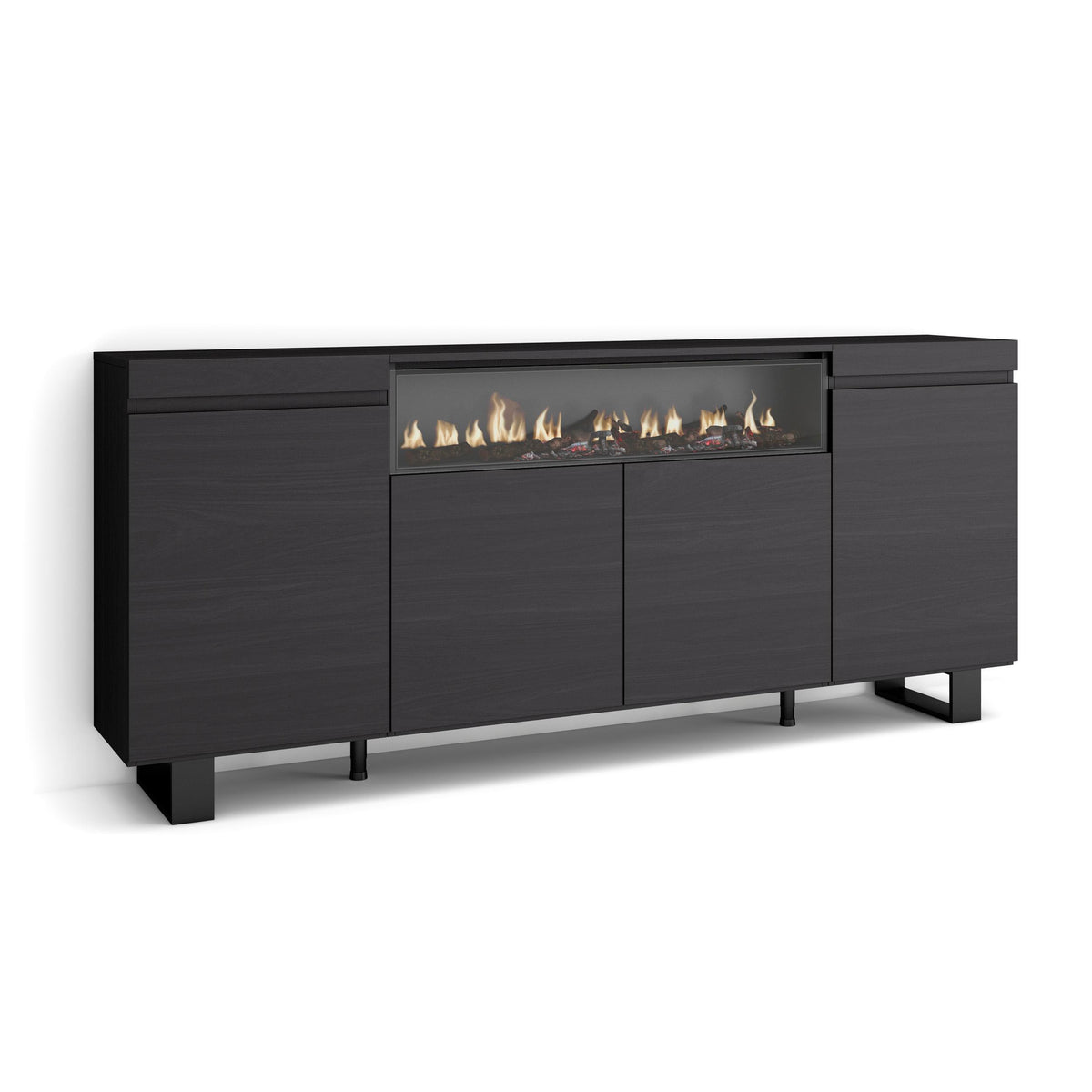 Buffet salon et cuisine - Meuble de Rangement- Commode - Cheminée électrique - 200 x 87 x 35 cm - Design industriel noir