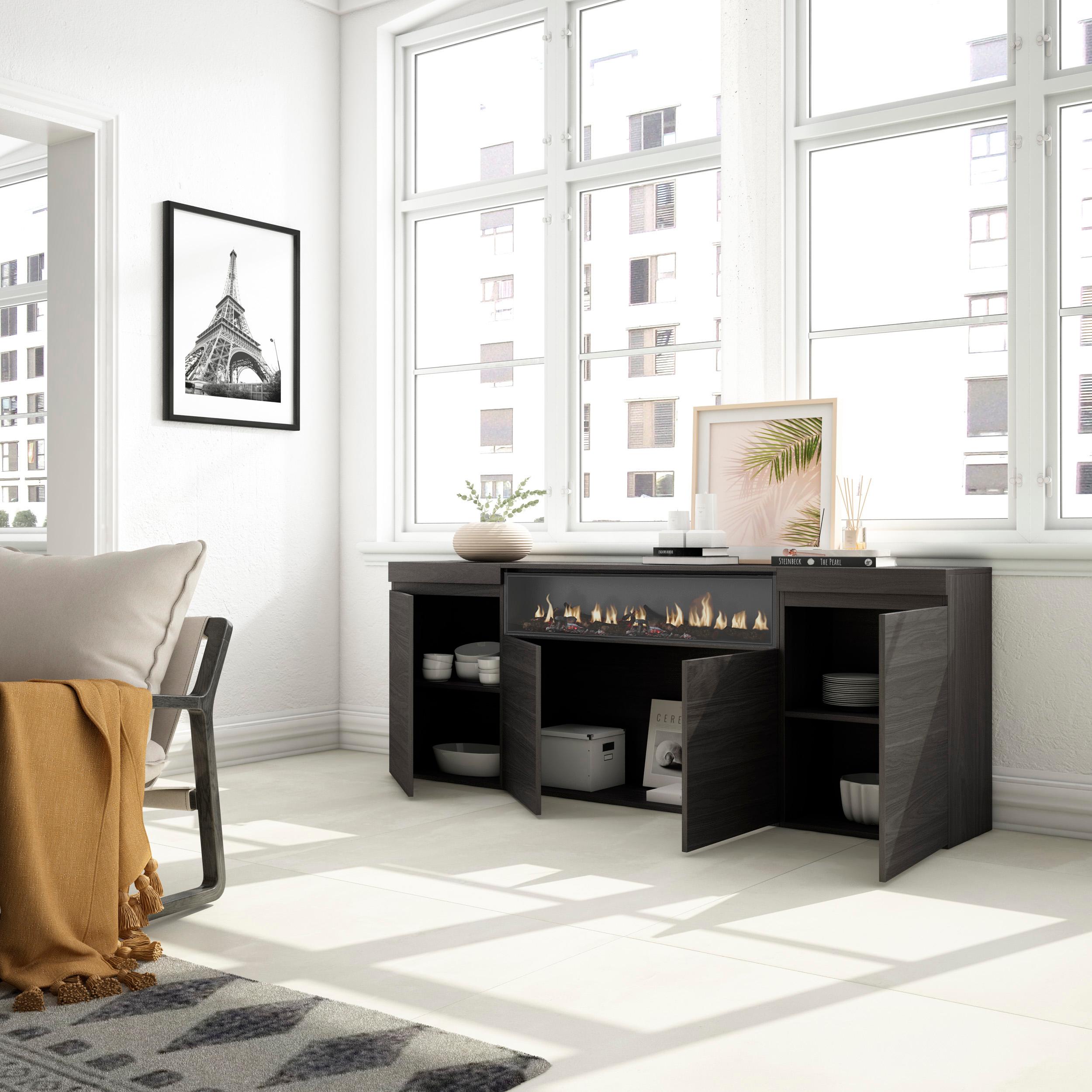 Buffet salon et cuisine - Meuble de Rangement- Commode - Cheminée électrique - 200 x 87 x 35 cm - Design industriel noir