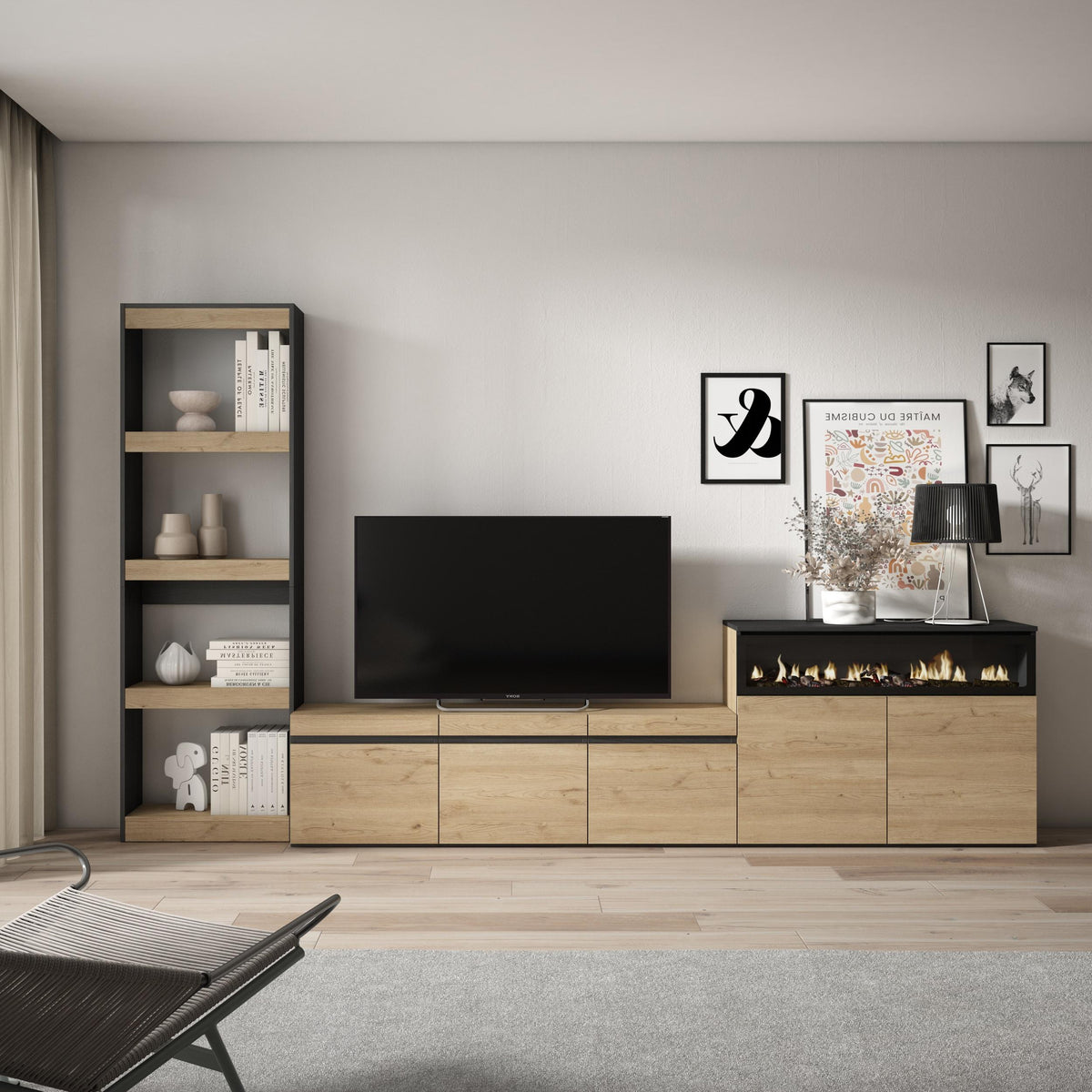 Ensemble Meuble TV - 310x186x35cm - Cheminée électrique - Pour les TV jusqu'à 65¨- Chêne et noir