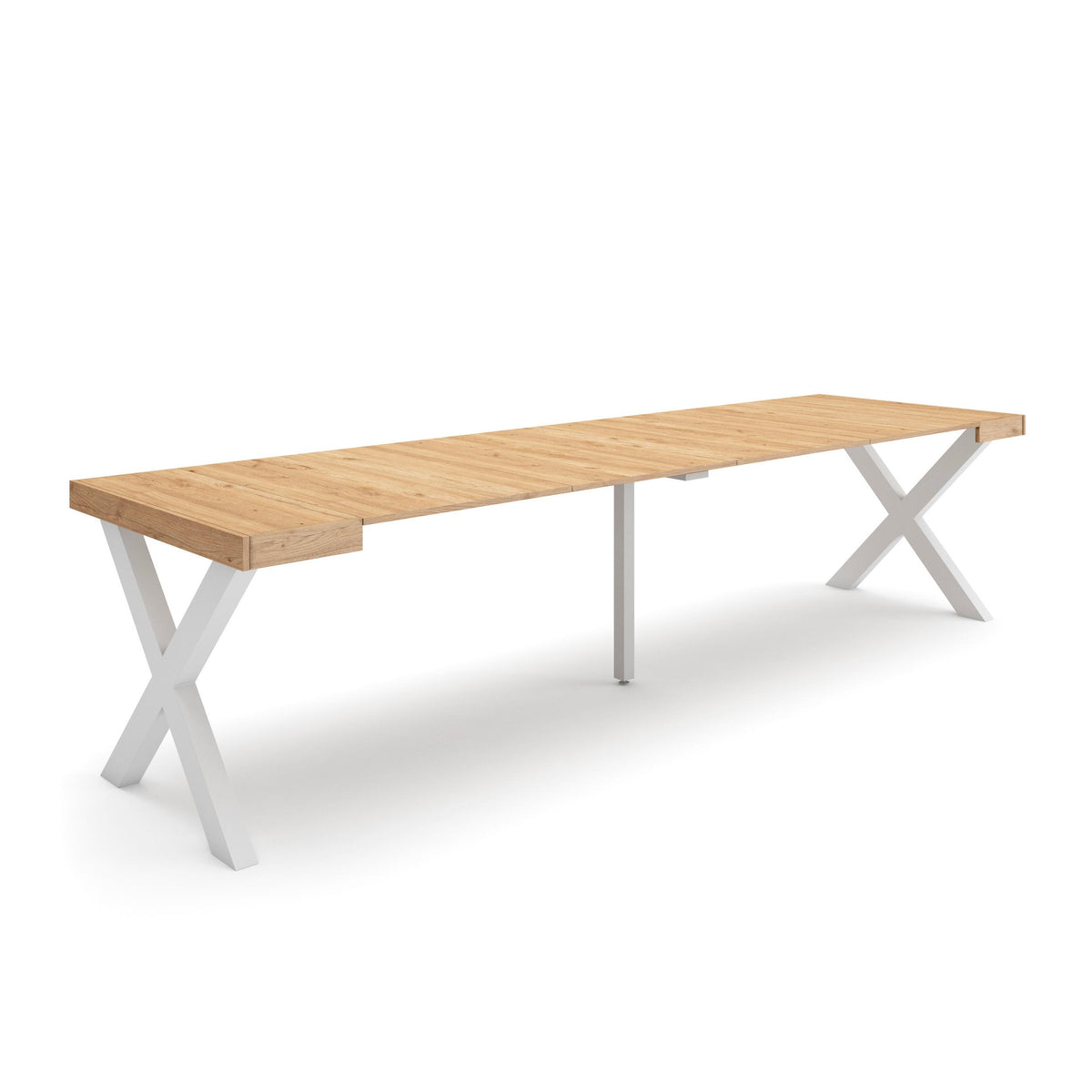 Table console extensible chêne 300 cm – Jusqu’à 14 personnes – Pieds en bois massif blancs en croix