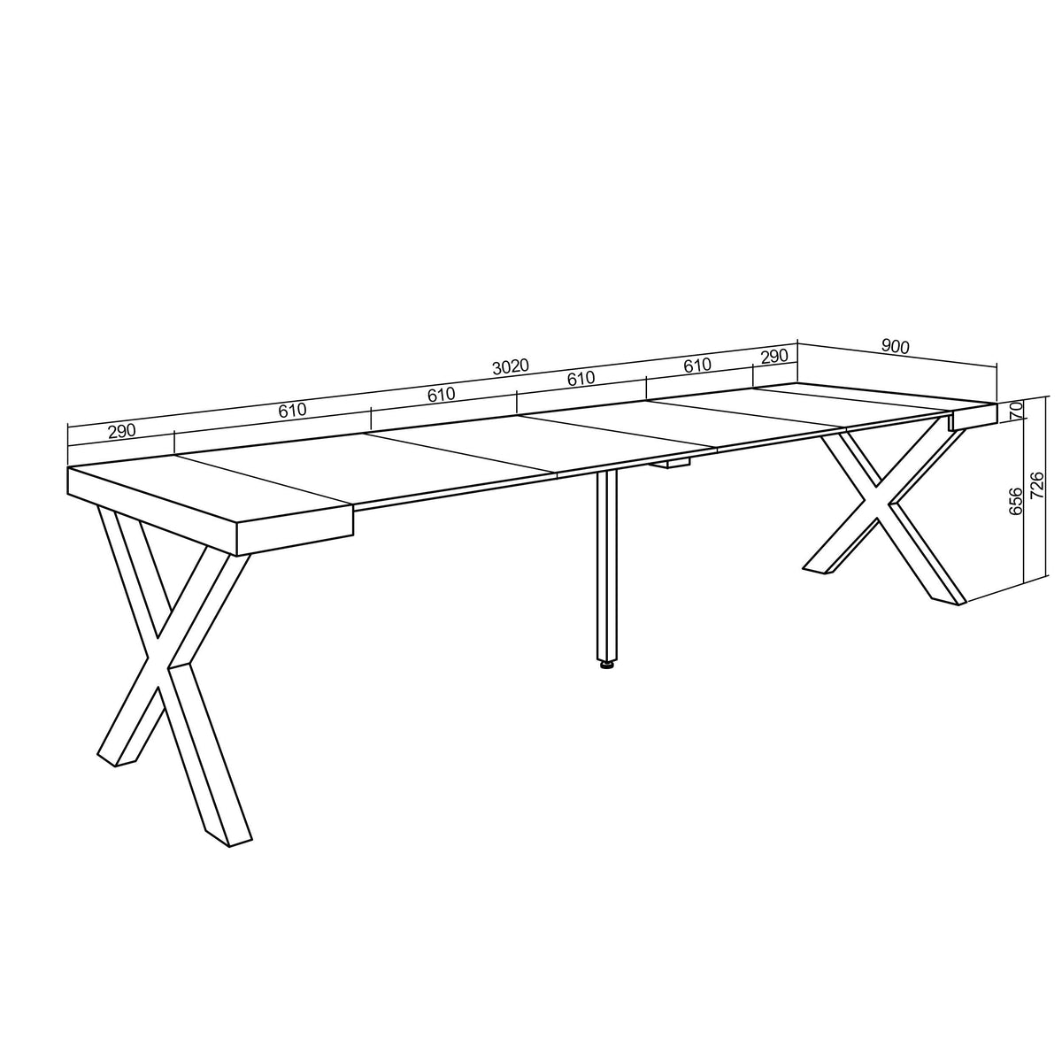 Table console extensible chêne 300 cm – Jusqu’à 14 personnes – Pieds en bois massif noirs en croix