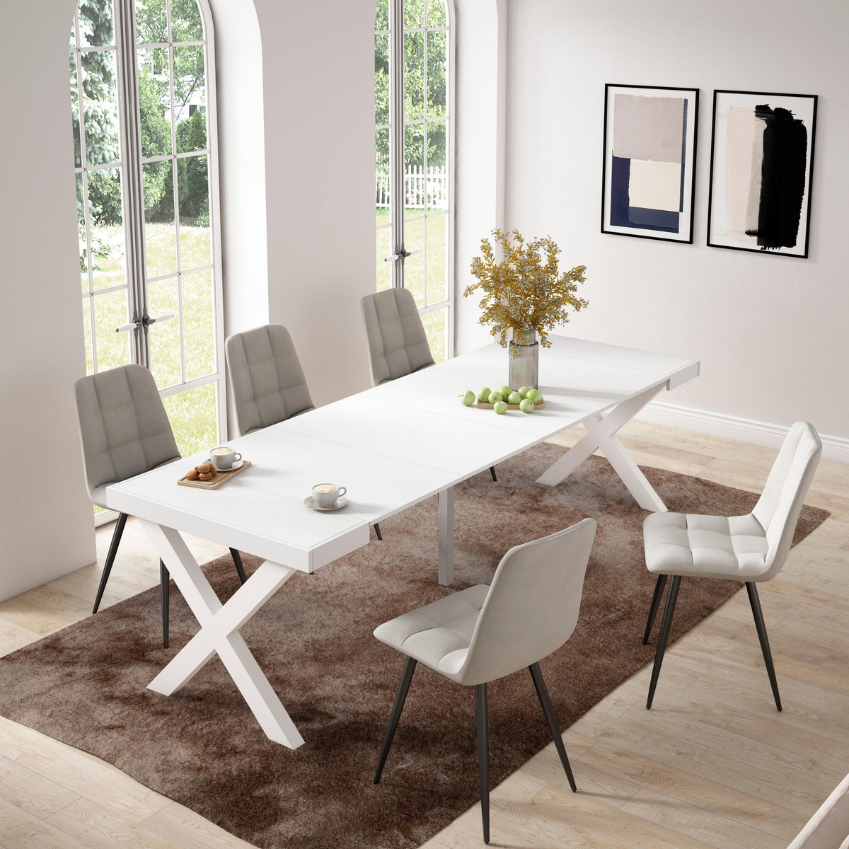Table console extensible blanche 260 cm – Jusqu’à 12 personnes – Pieds en bois massif blancs en croix