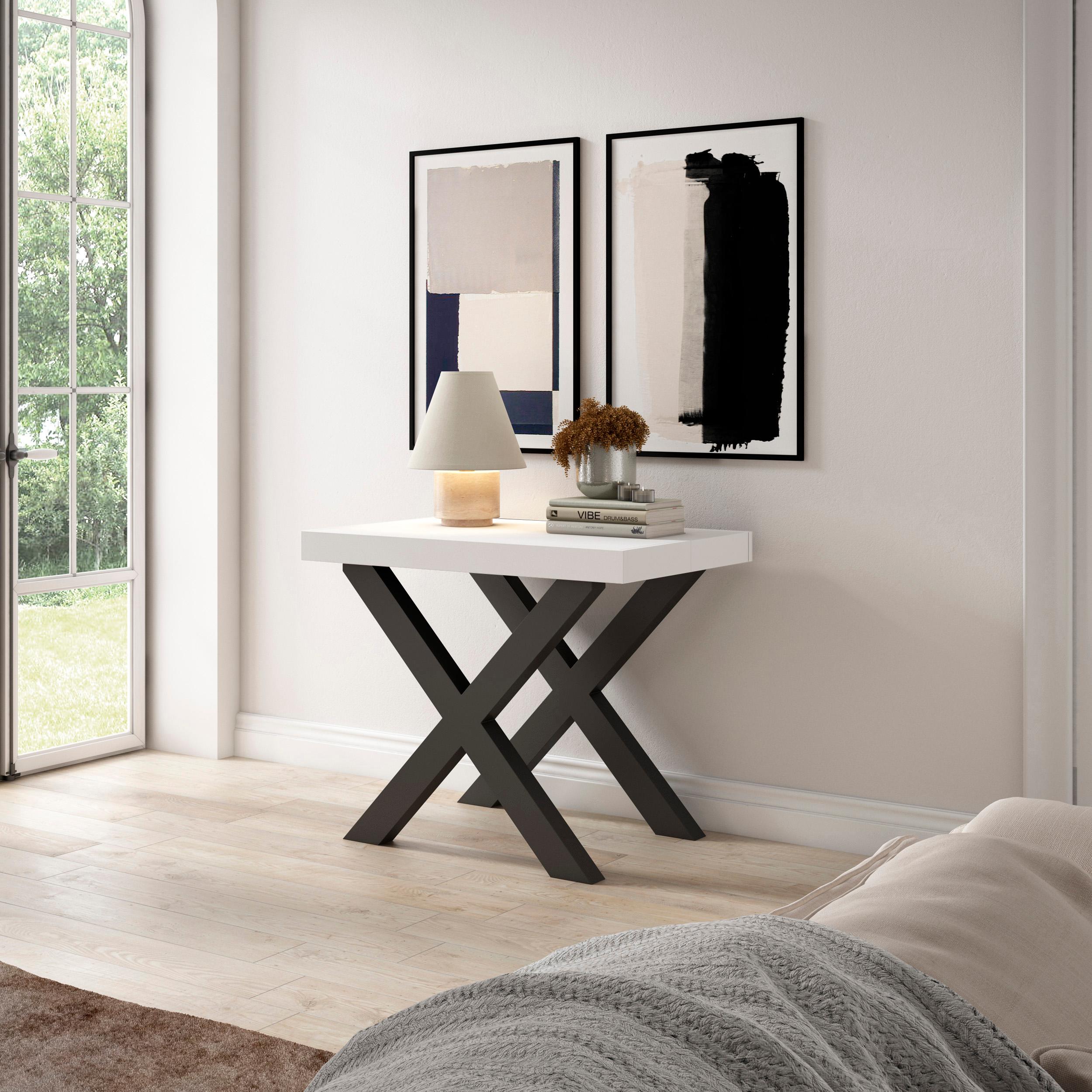 Table console extensible blanche 260 cm – Jusqu’à 12 personnes – Pieds en bois massif noirs en croix