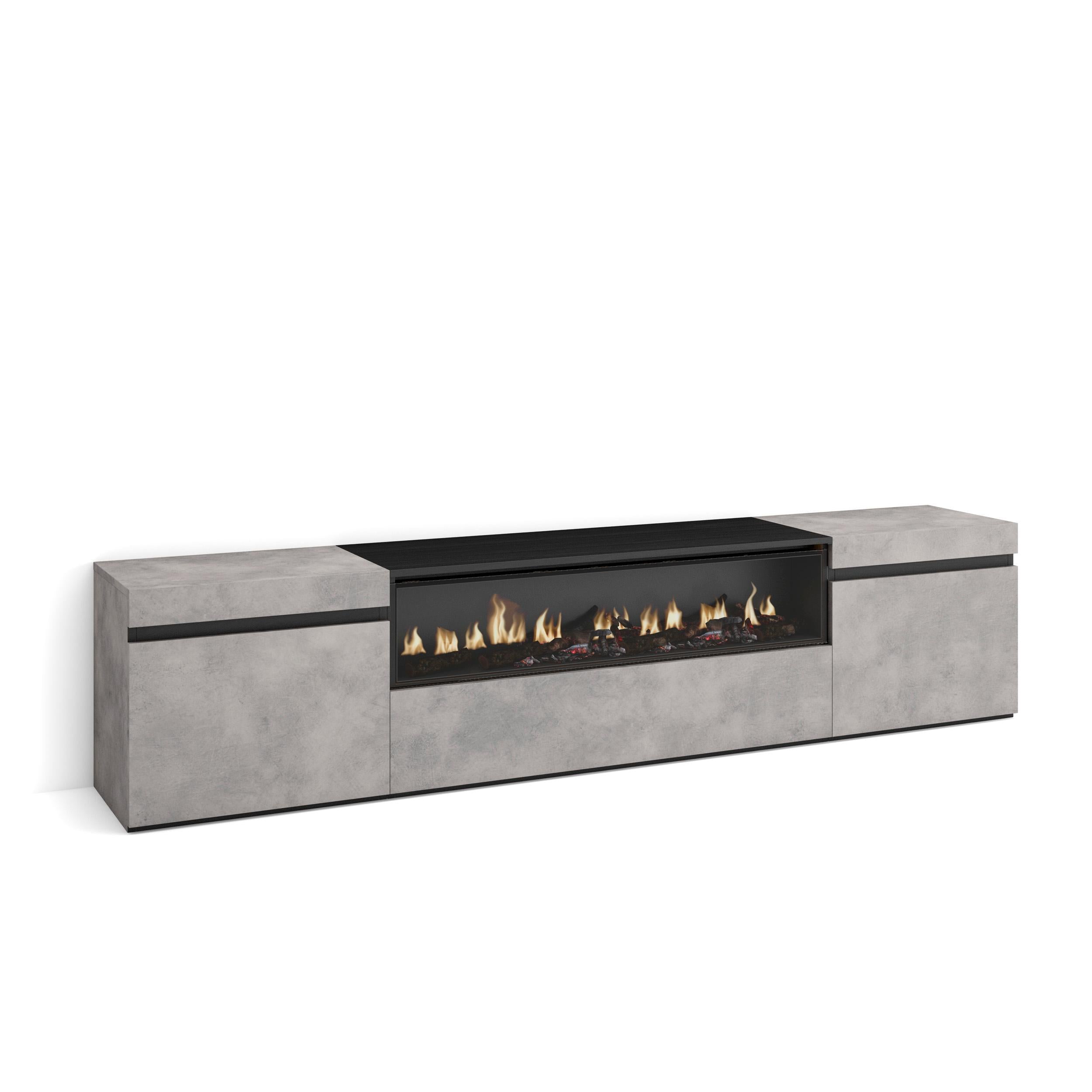 Meuble TV - 200x45x35cm - Cheminée électrique - Pour les TV jusqu'à 80" - Ciment
