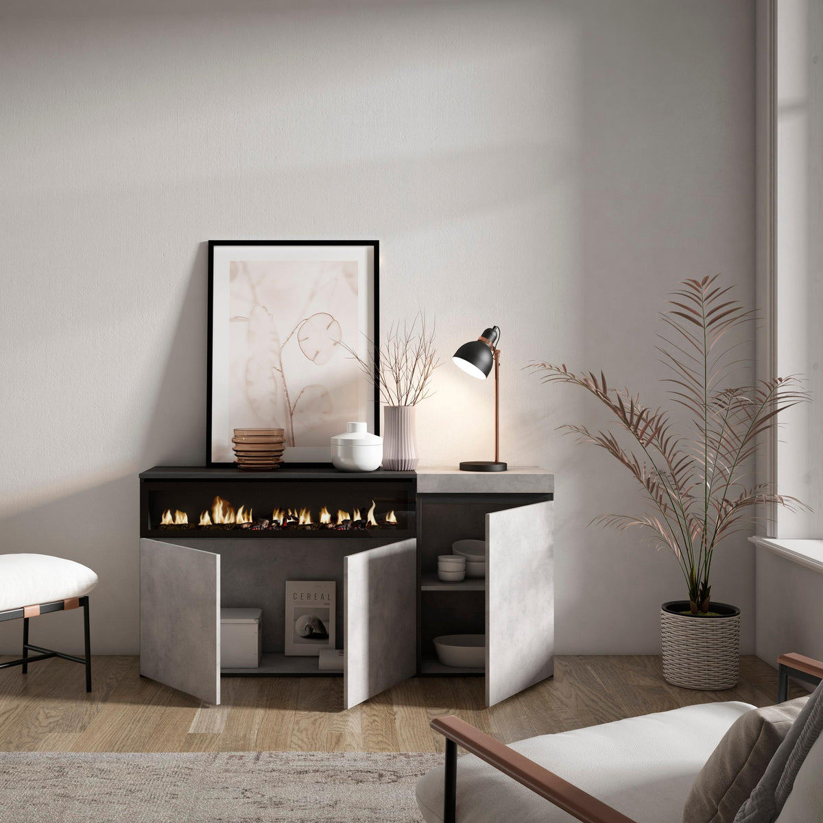 Meuble de rangement 3 portes avec cheminée LED XXL (côté gauche) - 150x75x35cm - Ciment