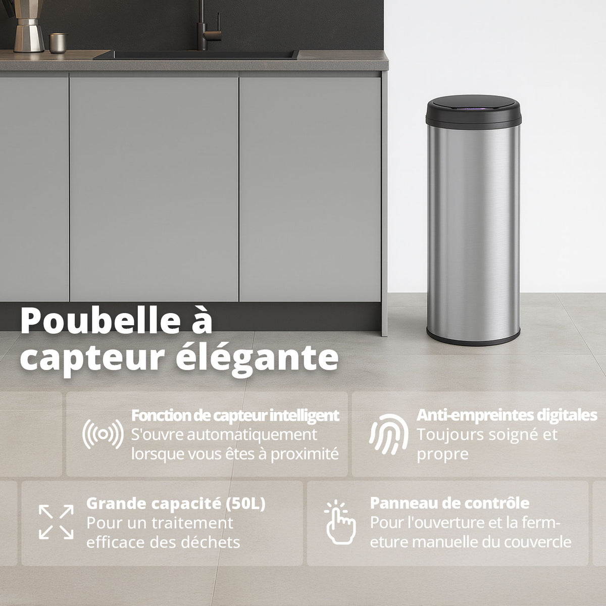 Poubelle 50 L automatique Argent