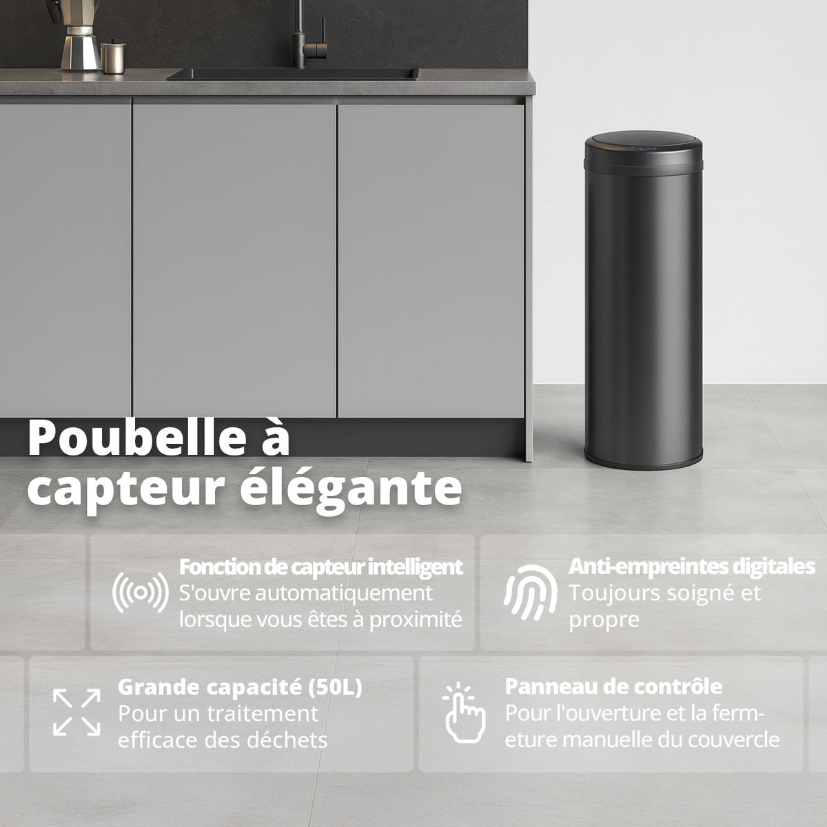 Poubelle 50 L automatique noire