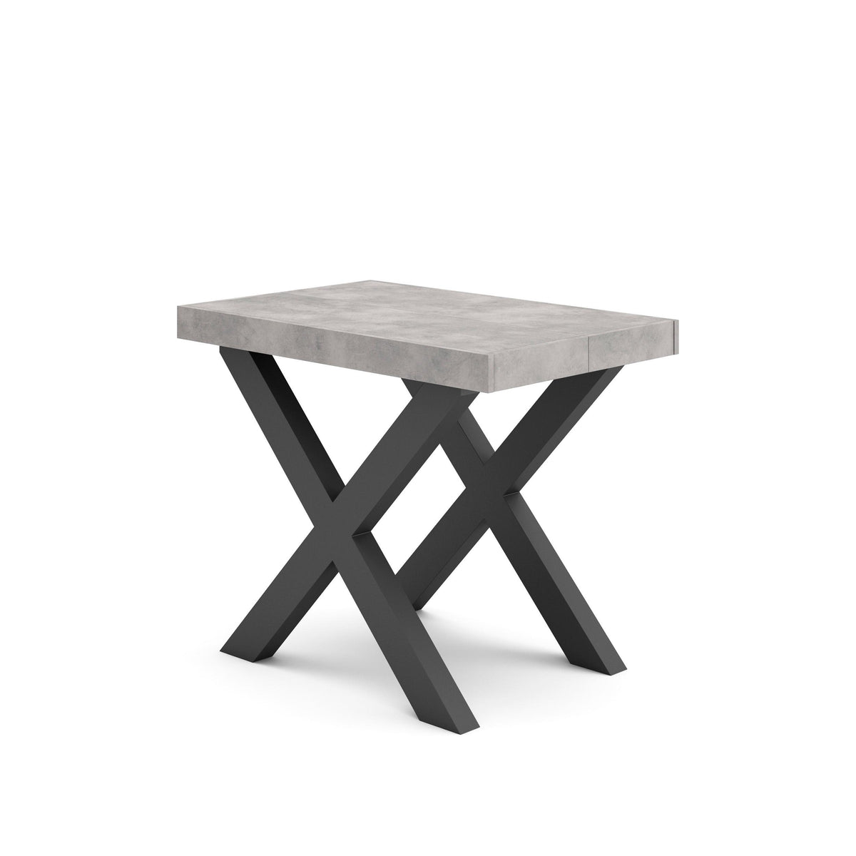 Table console extensible blanche & ciment 180 cm – Jusqu’à 8 personnes – Pieds en bois massif noirs en croix