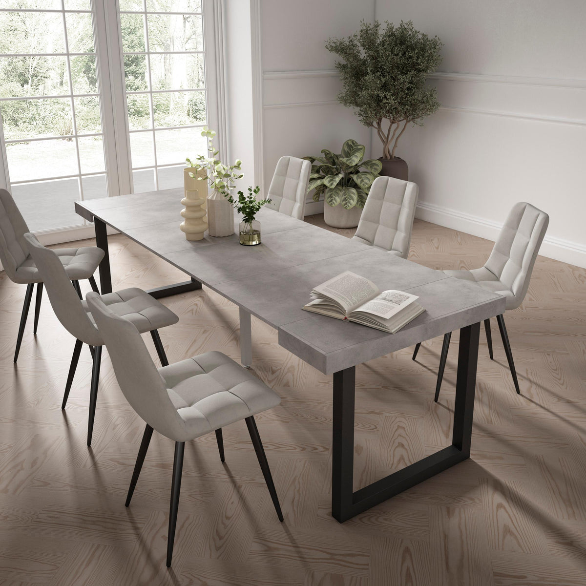 Table console extensible ciment 260 cm – Jusqu’à 12 personnes – Pieds en bois massif noirs en U