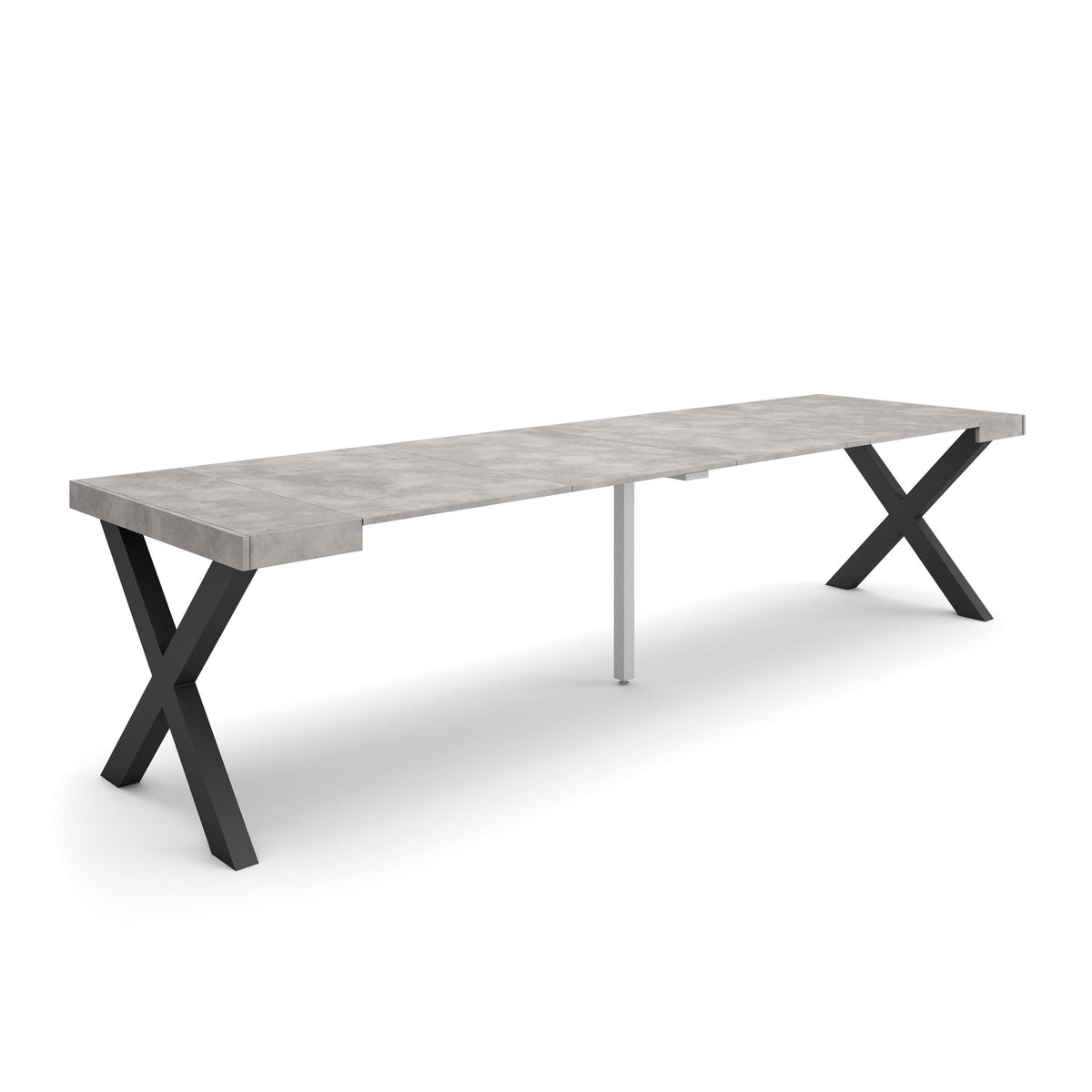 Table console extensible ciment 300 cm – Jusqu’à 14 personnes – Pieds en bois massif noirs en croix