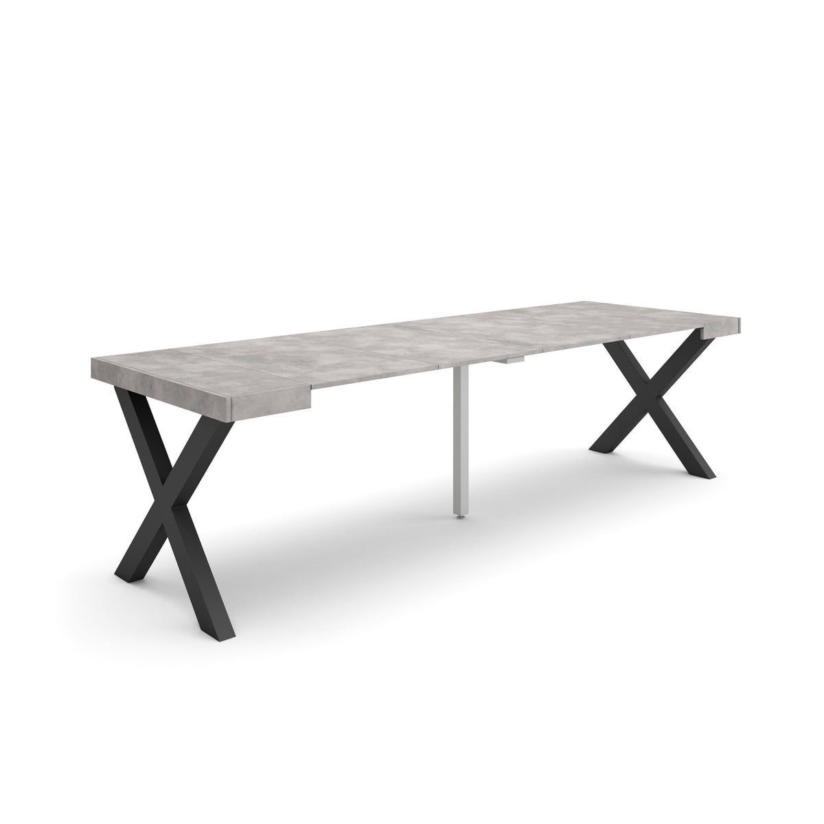 Table console extensible ciment 260 cm – Jusqu’à 12 personnes – Pieds en bois massif noirs en croix