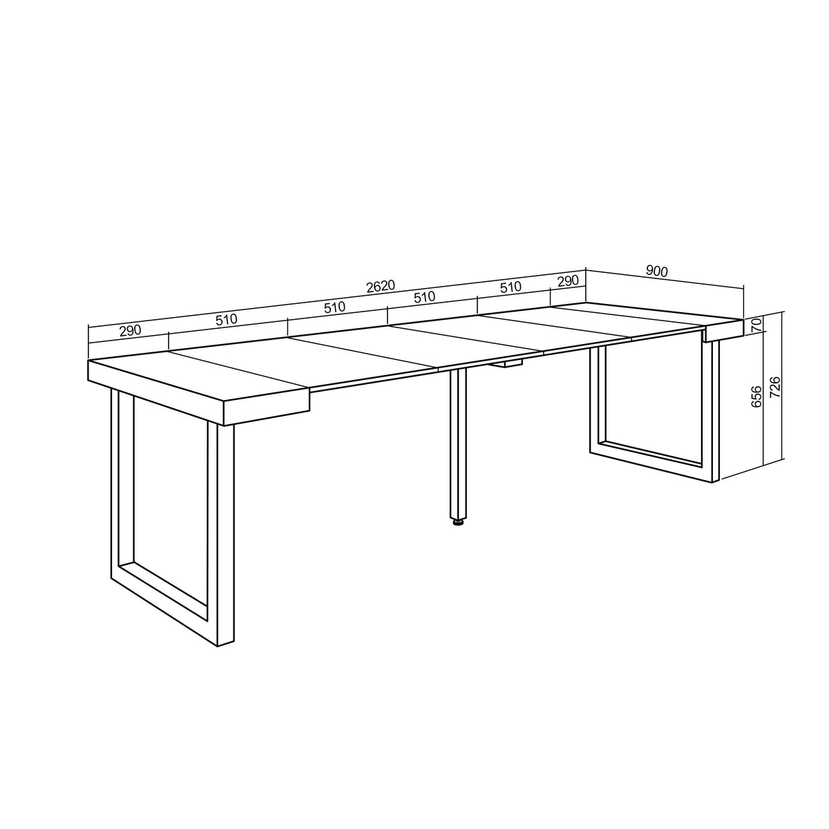 Table console extensible noire 260 cm – Jusqu’à 12 personnes – Pieds en bois massif noirs en U