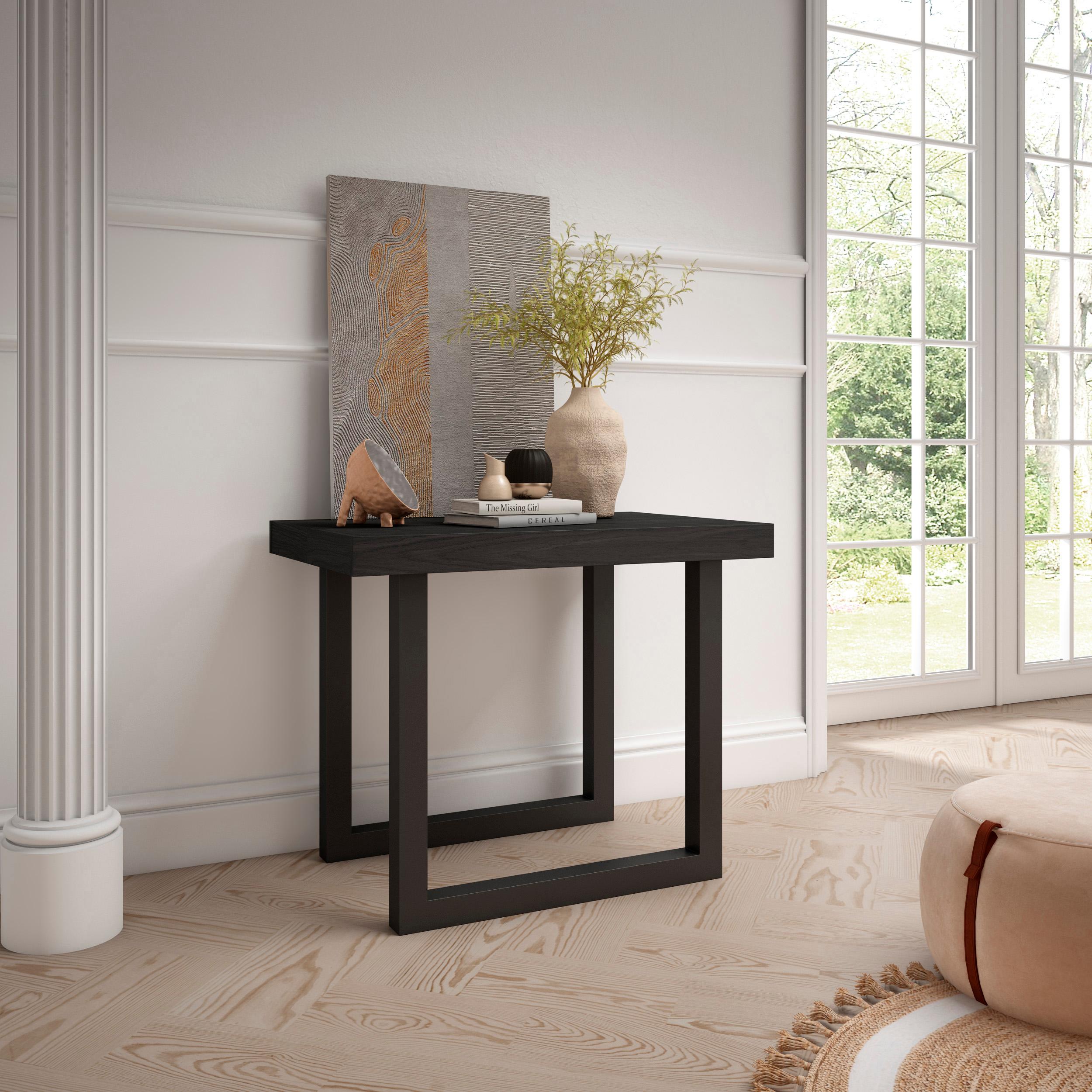 Table console extensible noire 260 cm – Jusqu’à 12 personnes – Pieds en bois massif noirs en U