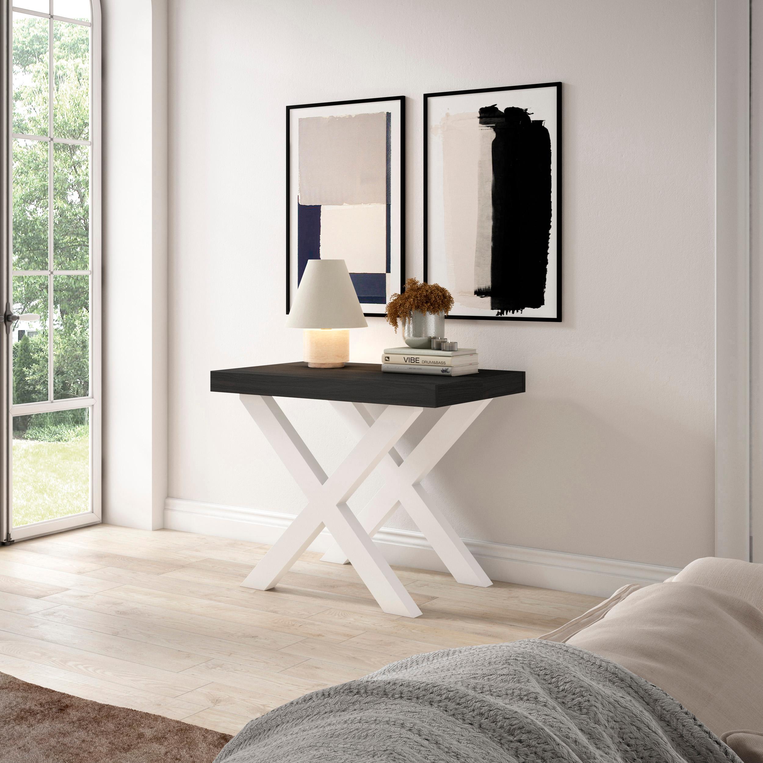Table console extensible noire 300 cm – Jusqu’à 14 personnes – Pieds en bois massif blancs en croix
