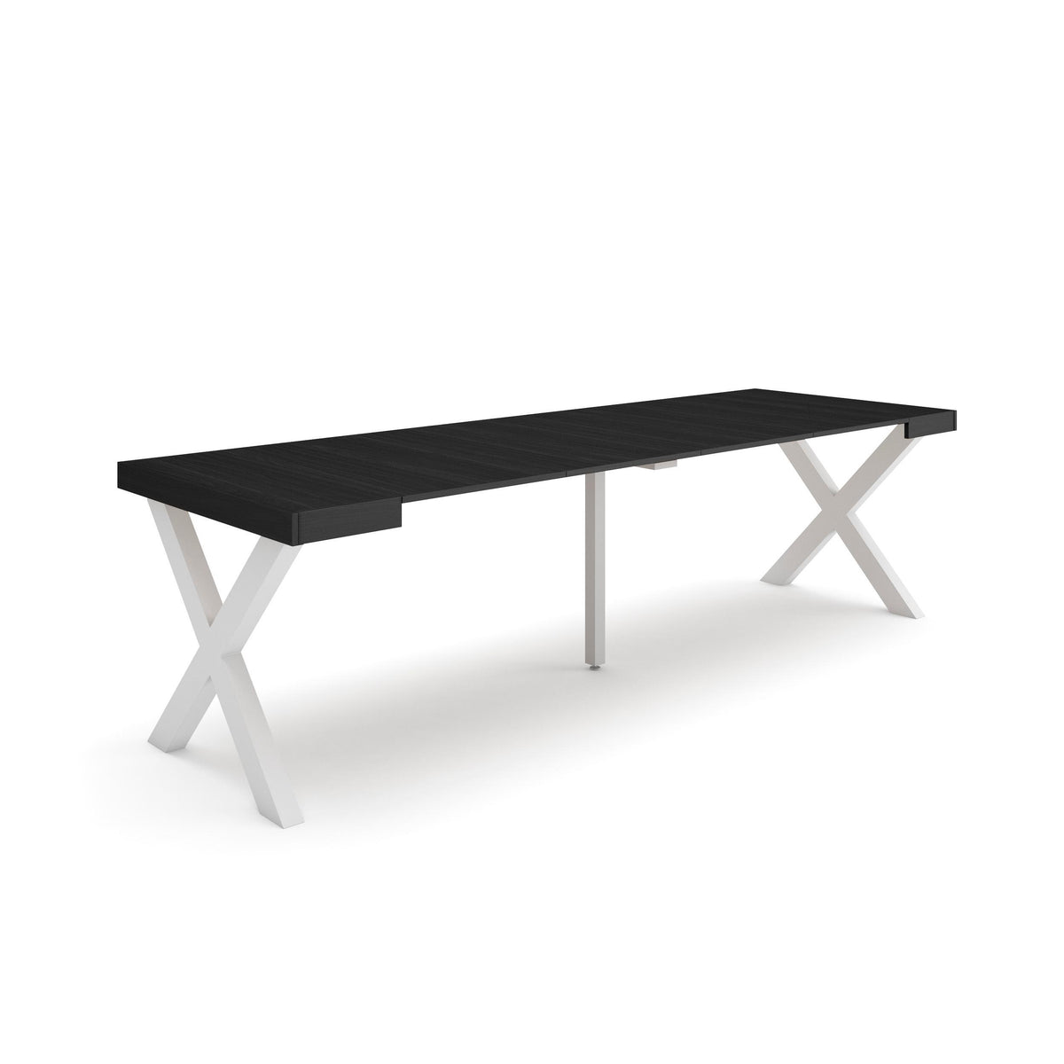 Table console extensible noire 260 cm – Jusqu’à 12 personnes – Pieds en bois massif blancs en croix