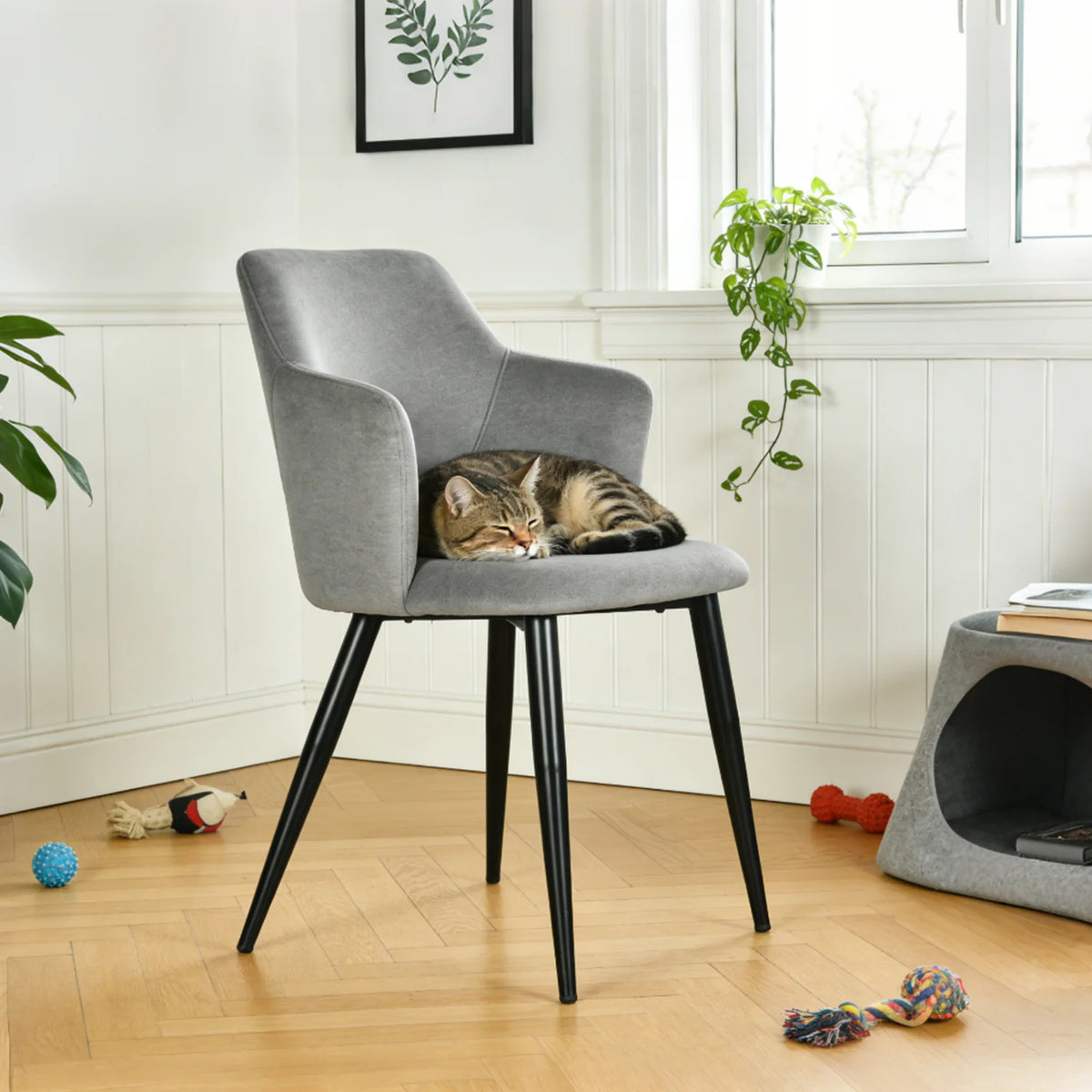 Ensemble de 2 fauteuils de salle à manger scandinaves avec accoudoirs en tissu gris - Akanji