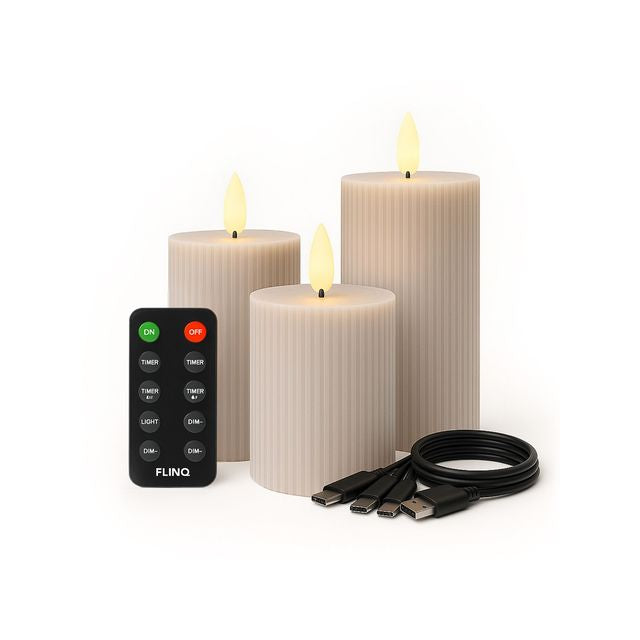 FlinQ - Ensemble de 3 bougies LED rechargeables à flamme vacillante - Télécommande incluse - Taupes