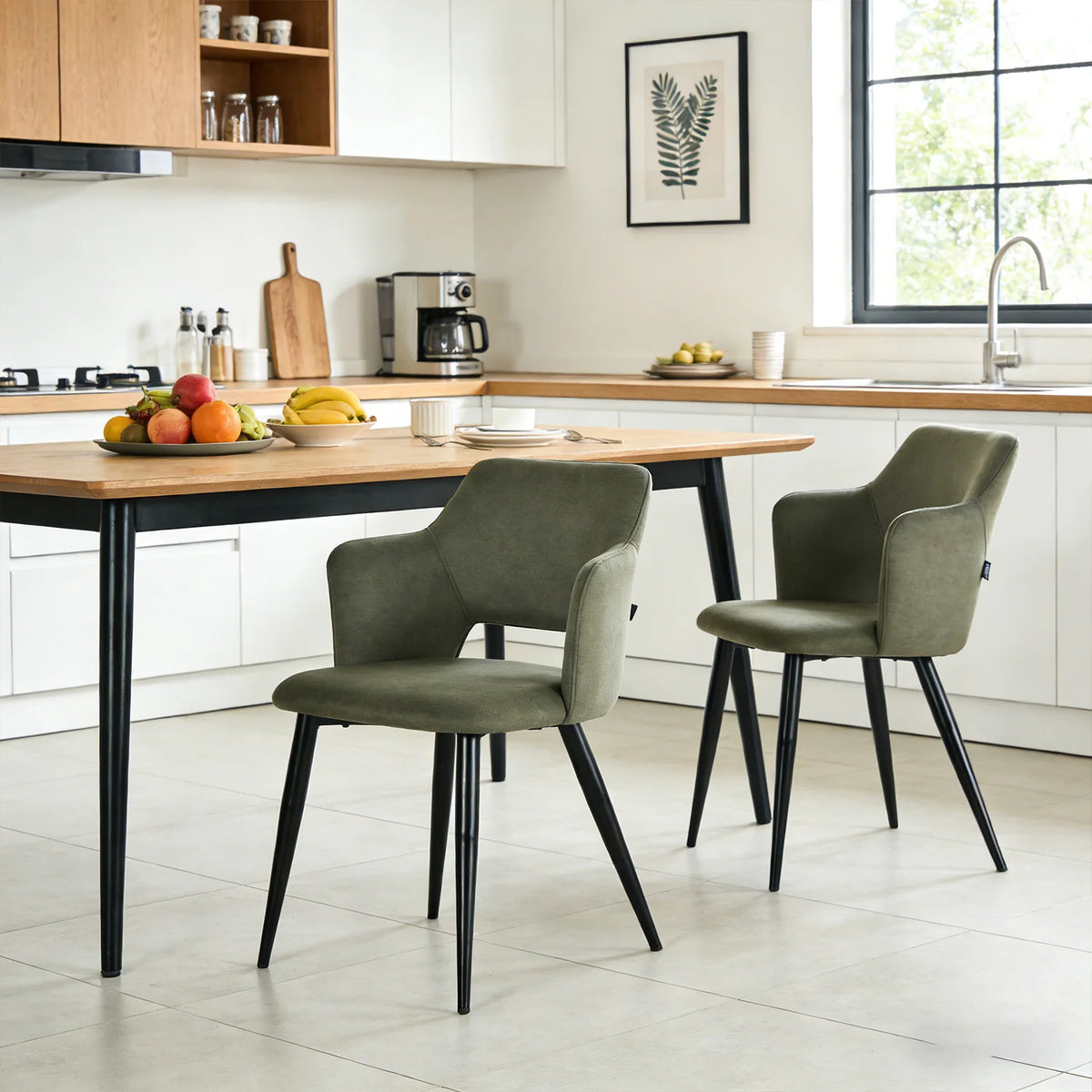 Ensemble de 2 fauteuils de salle à manger scandinaves avec accoudoirs en tissu vert - Akanji