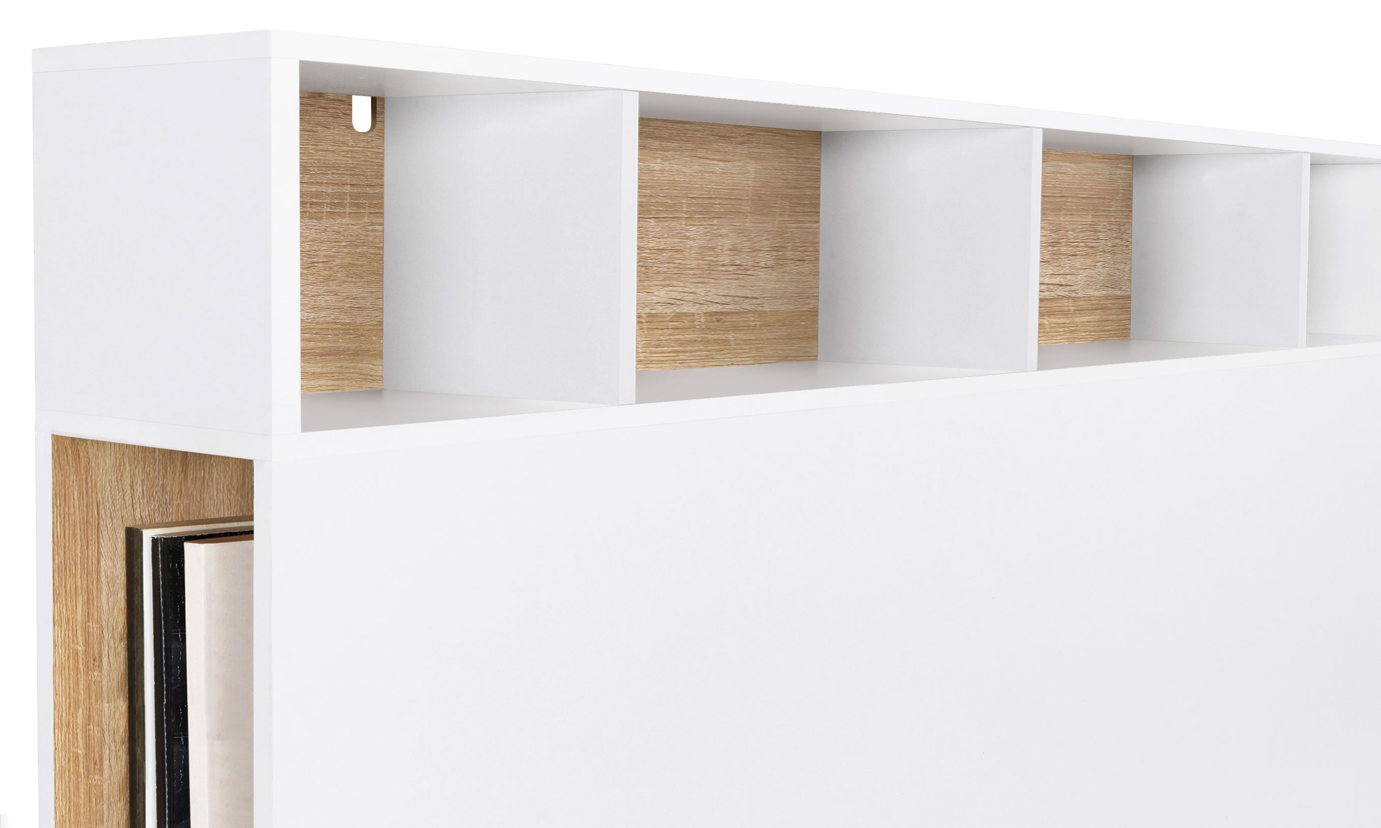 Tête de lit blanche et bois avec rangements 145cm