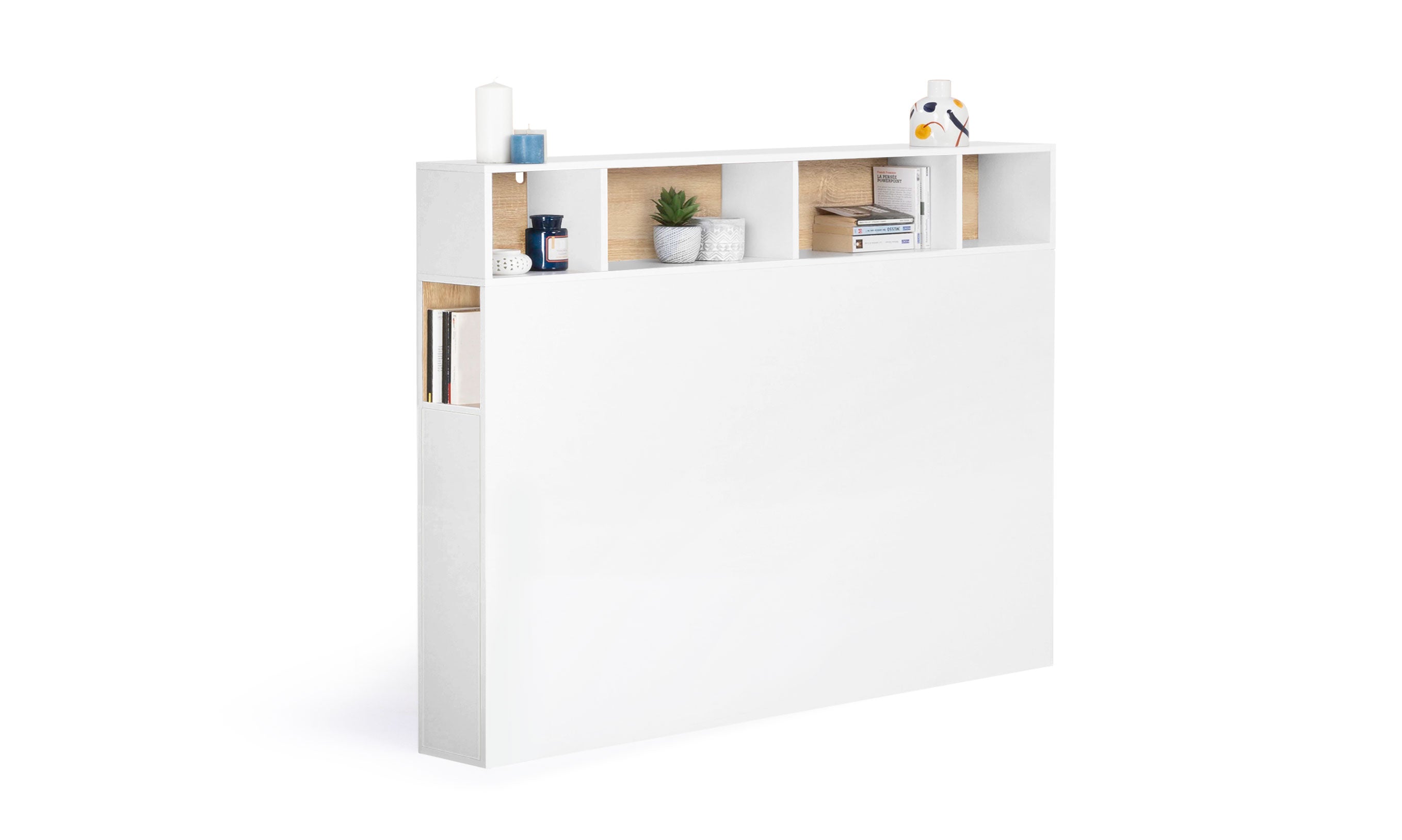 Tête de lit blanche et bois avec rangements 145cm
