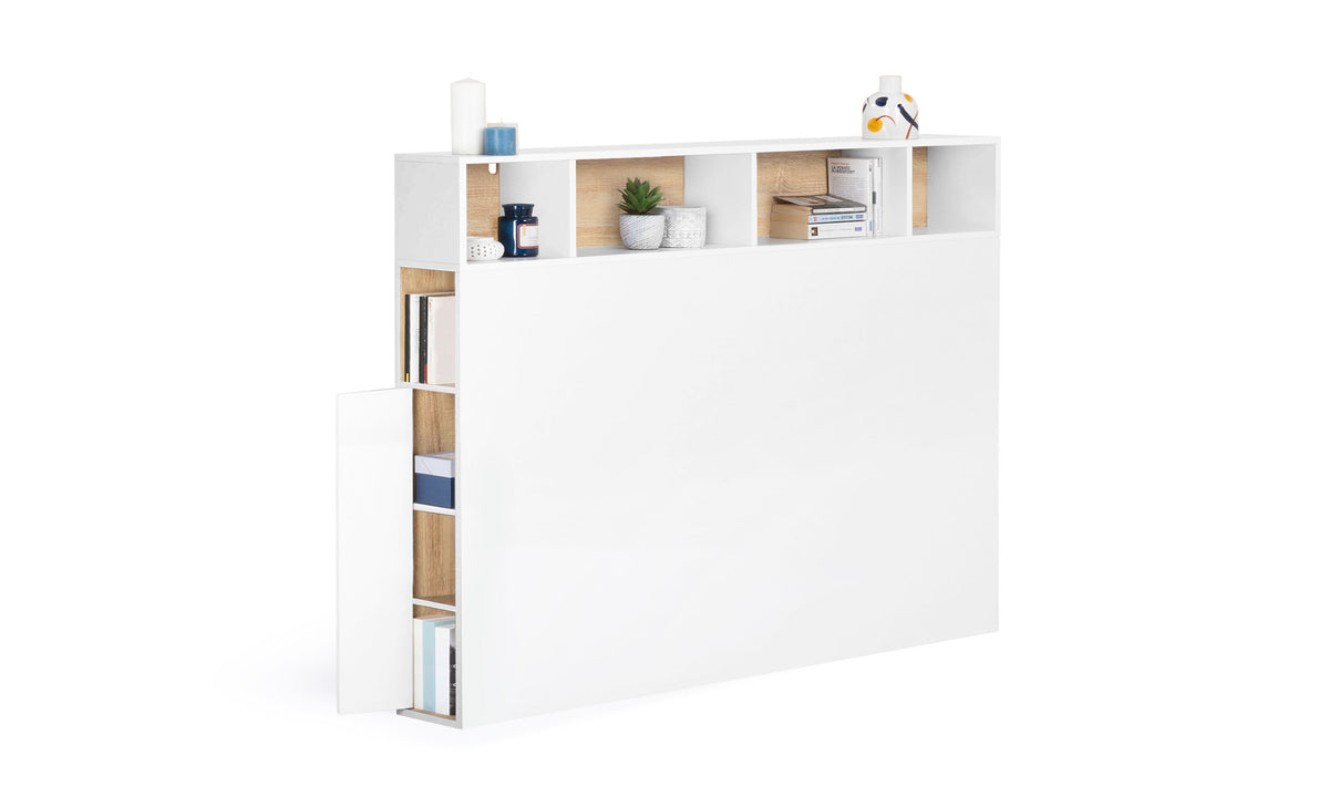 Tête de lit blanche et bois avec rangements 145cm