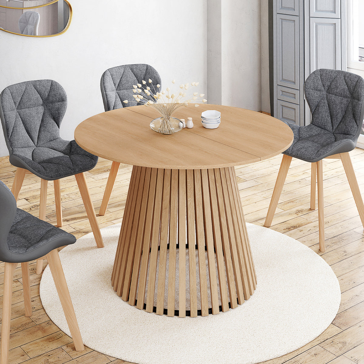 Table repas Camélia plateau rond 110cm et pieds lattes