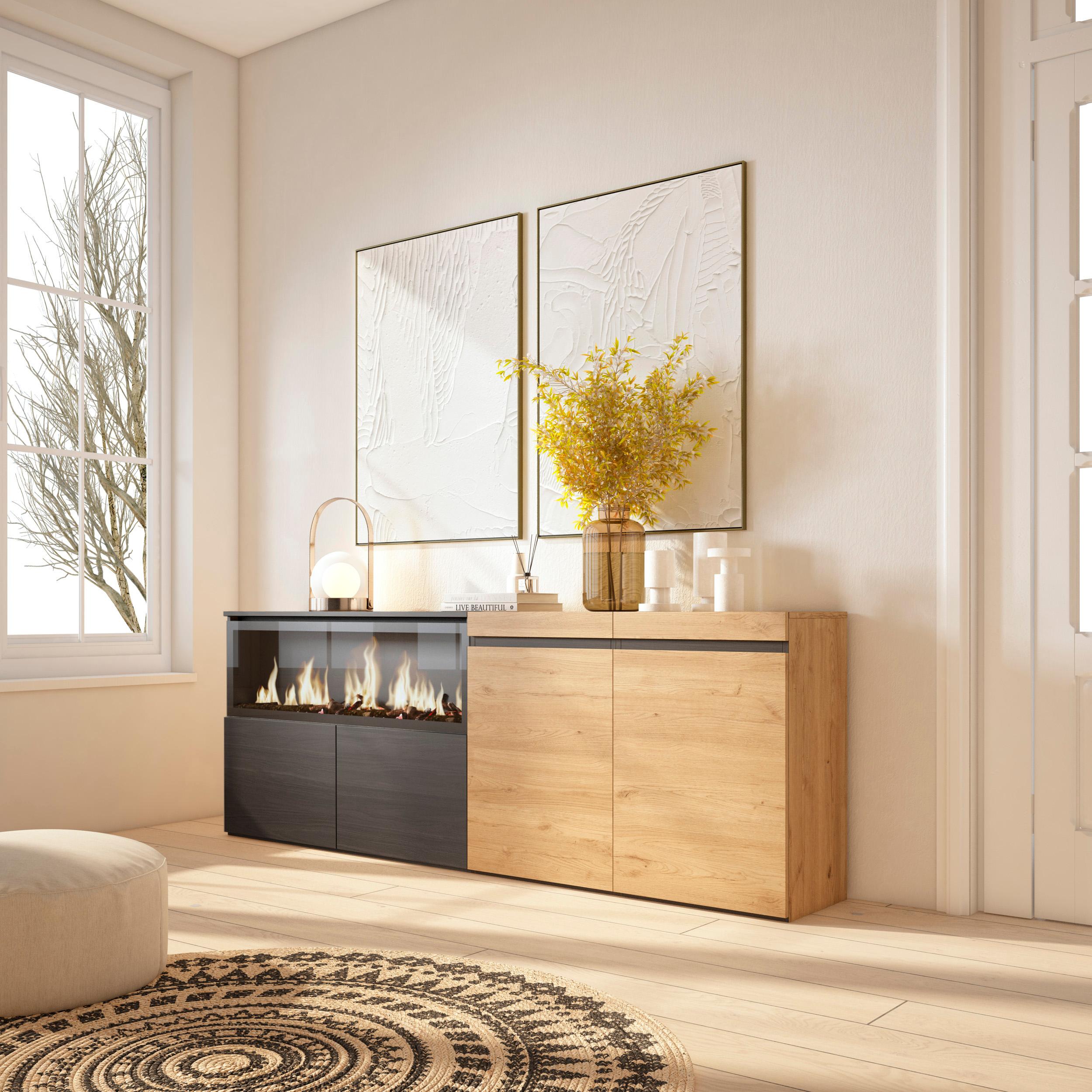 Meuble Buffet Moderne 4 Portes avec Cheminée LED XXL (côté gauche) – 208x75x35 cm – Chêne & Noir