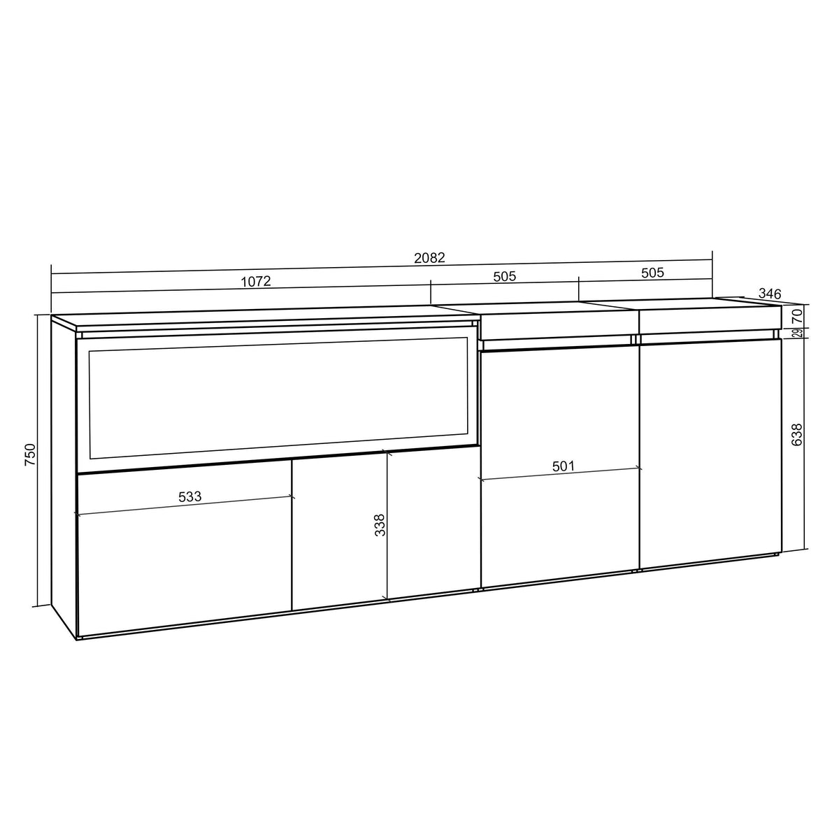 Meuble Buffet Moderne 4 Portes avec Cheminée LED XXL (centrale) – 208x75x35 cm – Chêne & Noir