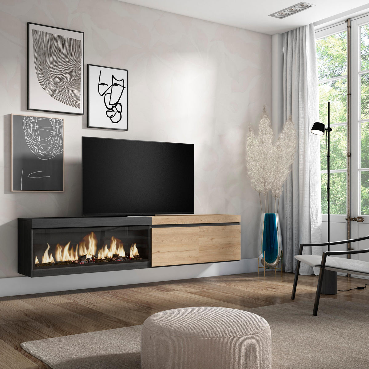 Meuble TV mural avec cheminée LED XXL (côté gauche) - Chêne et noir