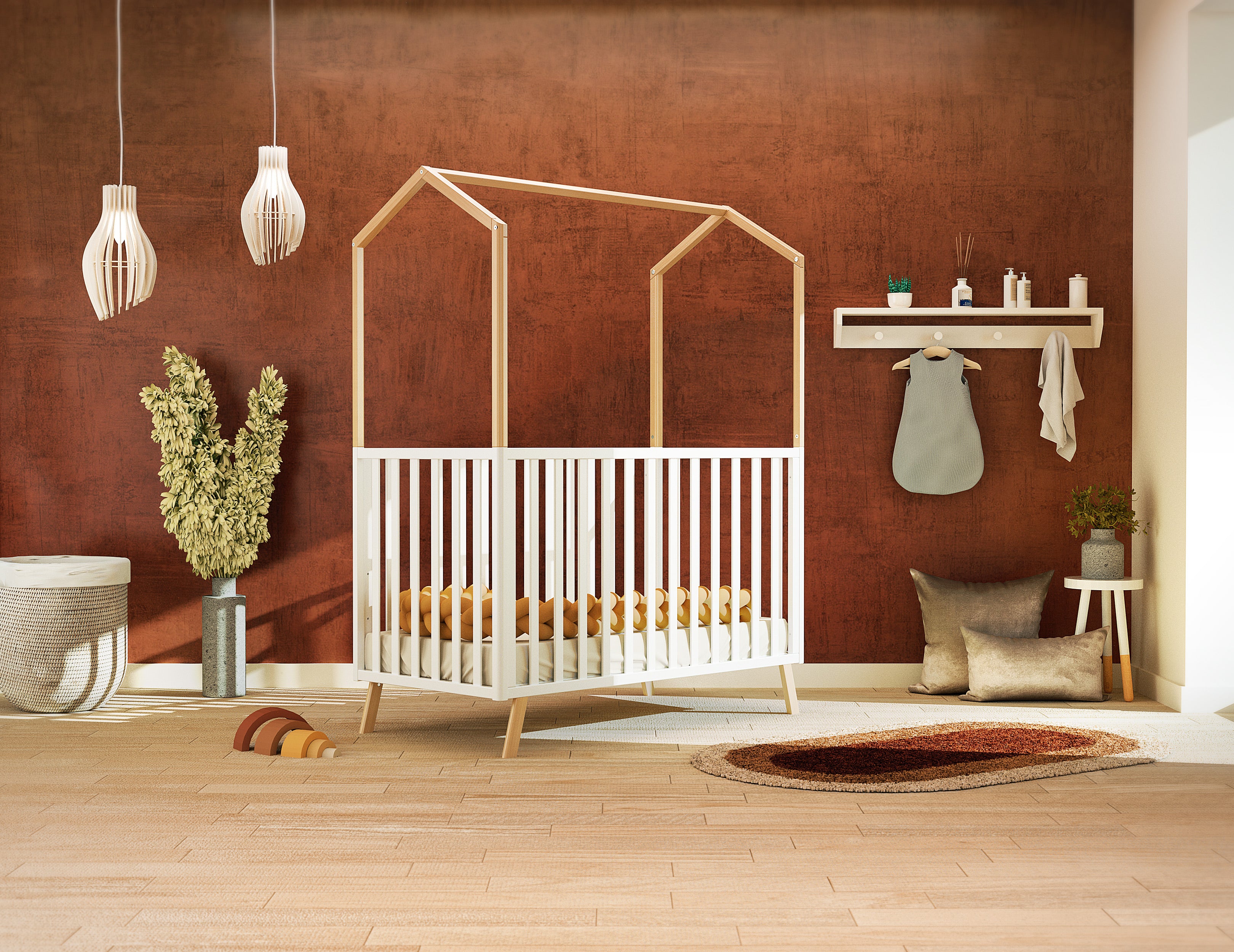 Lit cabane bébé évolutif en bois KASA Blanc et Hêtre Verni 60 x 120 cm