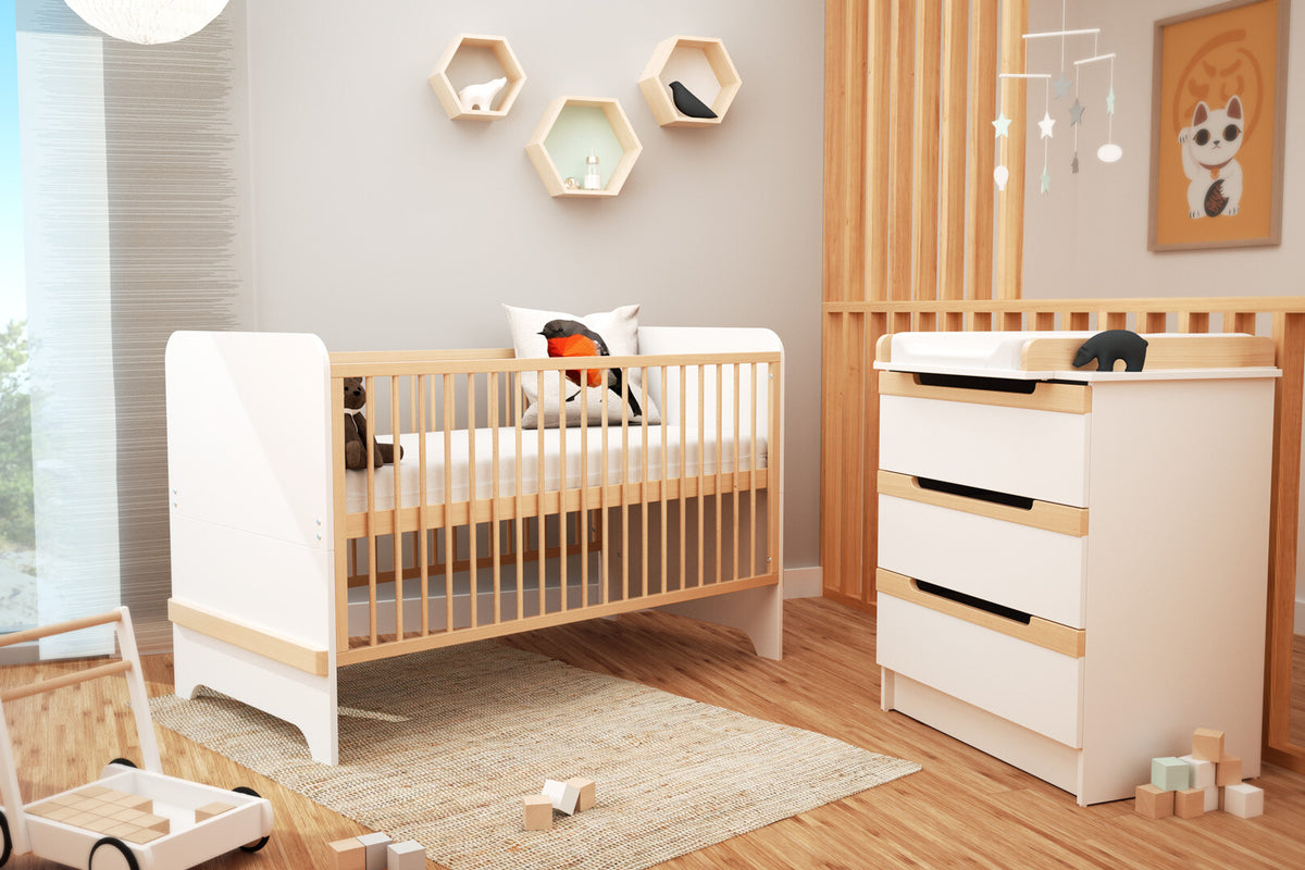 Lit bébé évolutif en bois CARROUSEL Blanc et Hêtre Verni 70 x 140 cm