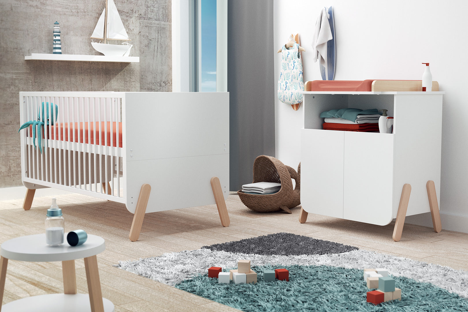 Lit bébé évolutif en bois PIRATE Blanc et Hêtre Verni 70 x 140 cm