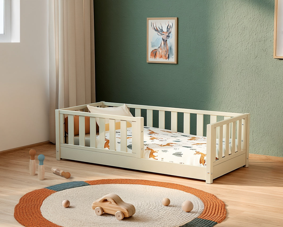 Lit enfant au sol en bois SONHO MINI - 70x140 - Blanc Perle
