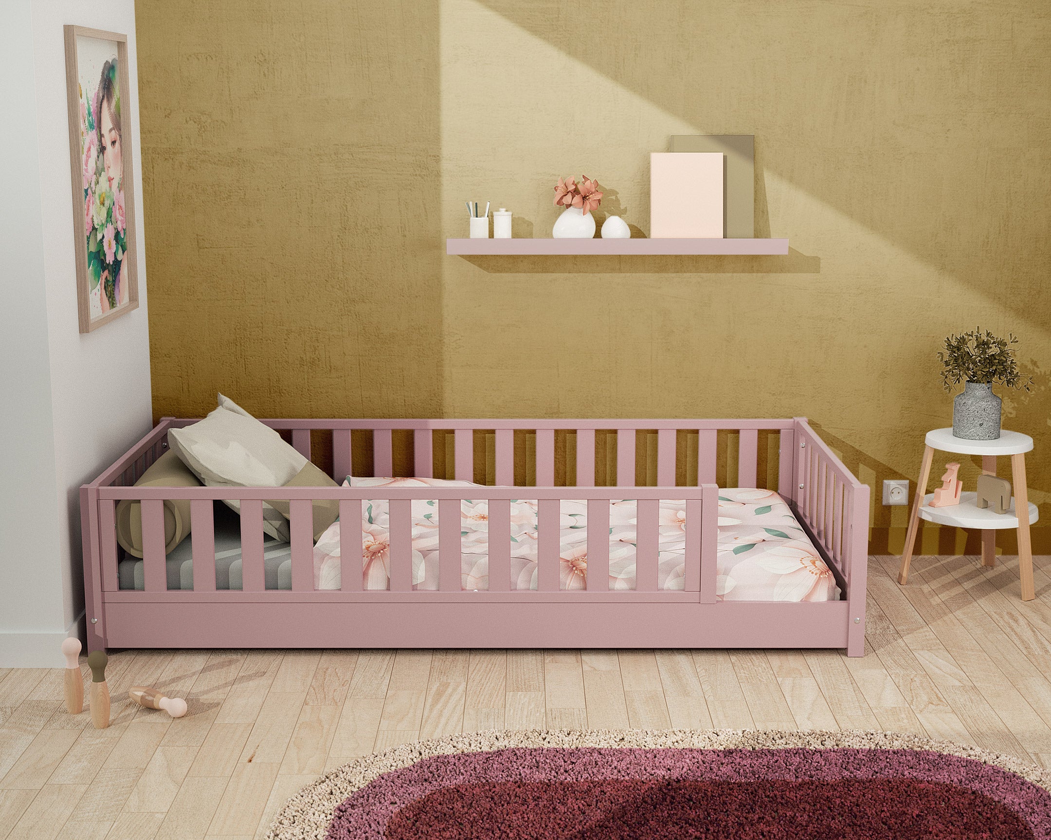 Lit au sol enfant en bois SONHO - 90x190 - Rose poudré