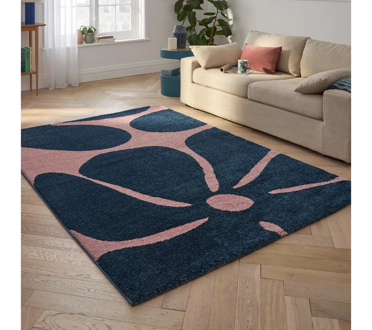 Tapis d'intérieur à poils longs motifs fleurs - Groovy - Bleu
