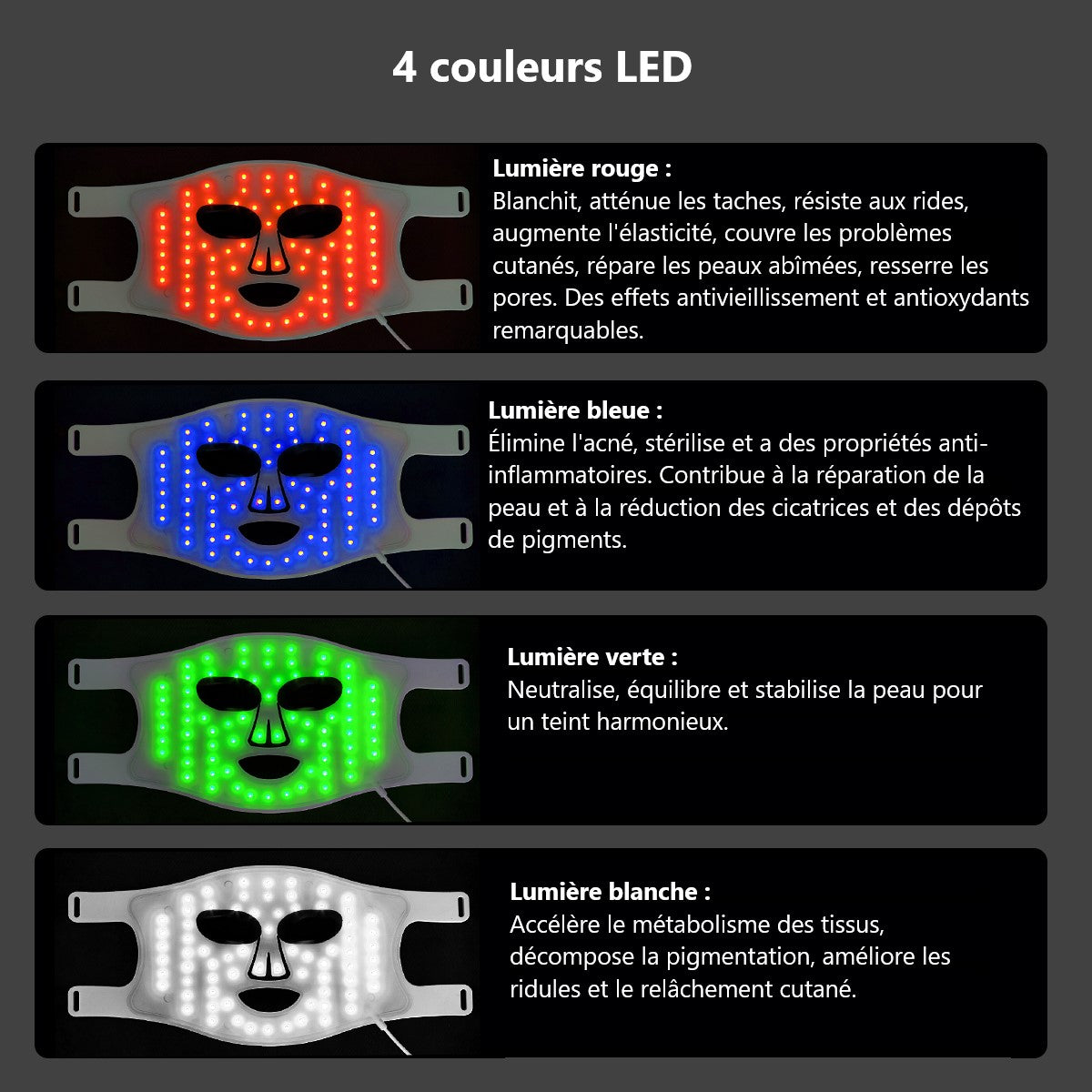 Masque LED visage 4 couleurs avec télécommande