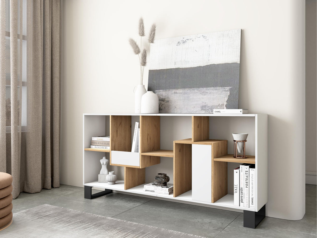 Étagère bibliothèque 174x67x31cm, horizontal ou vertical Design industriel Blanc et Chêne
