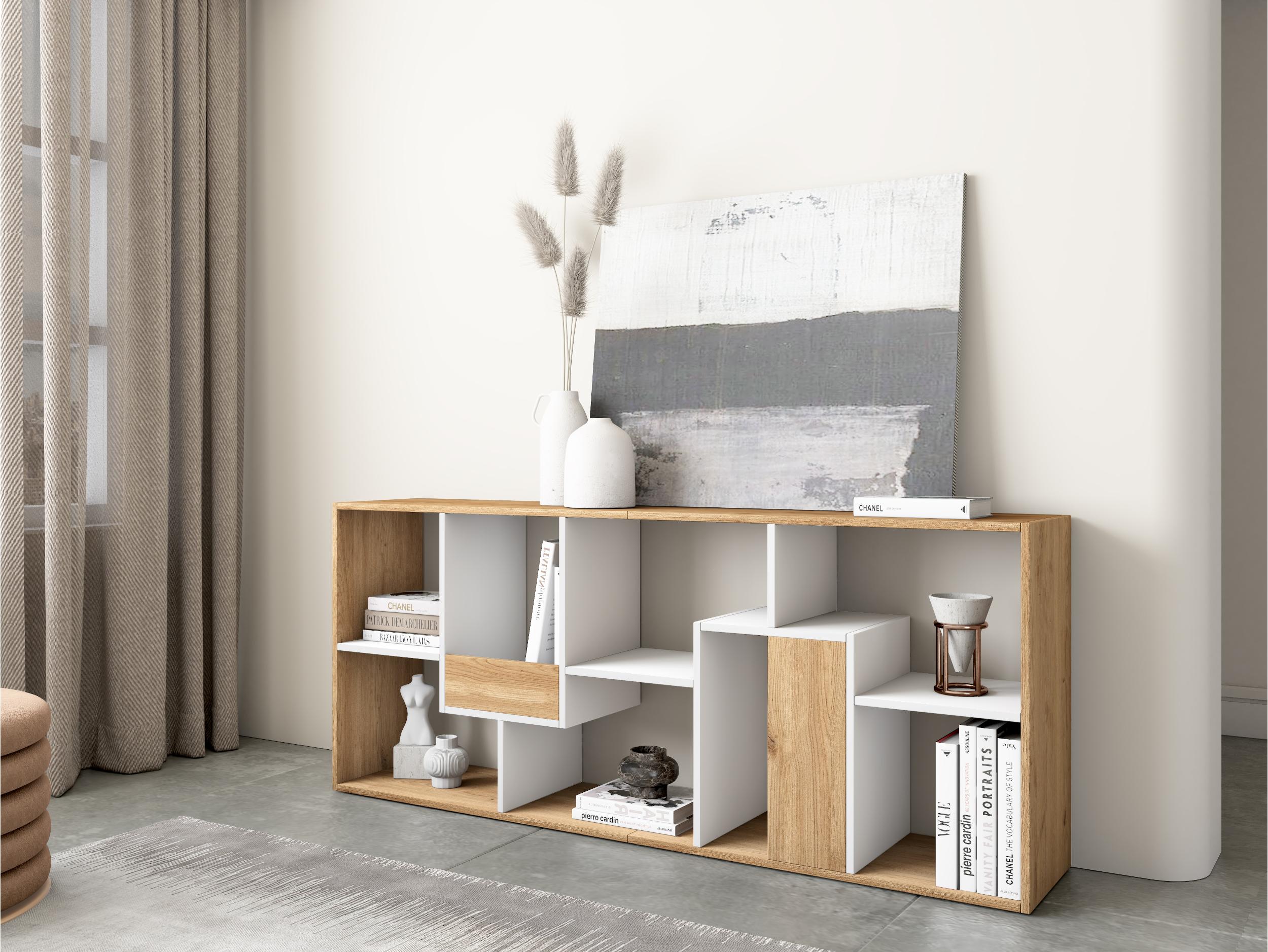 Étagère bibliothèque 162x67x31cm, horizontal ou vertical Chêne et blanc