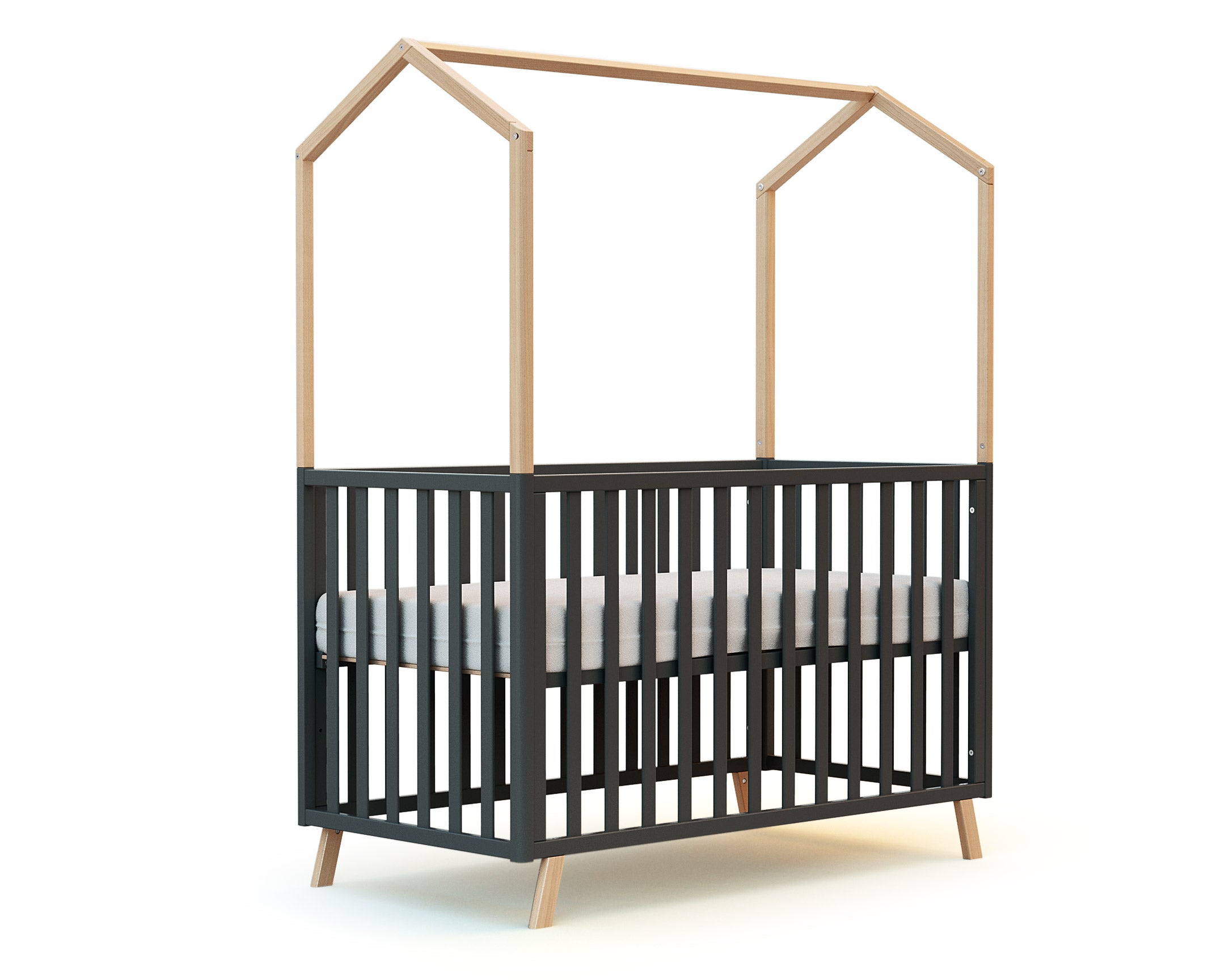 Lit cabane bébé évolutif Hêtre Verni et Gris Graphite 60 x 120 cm