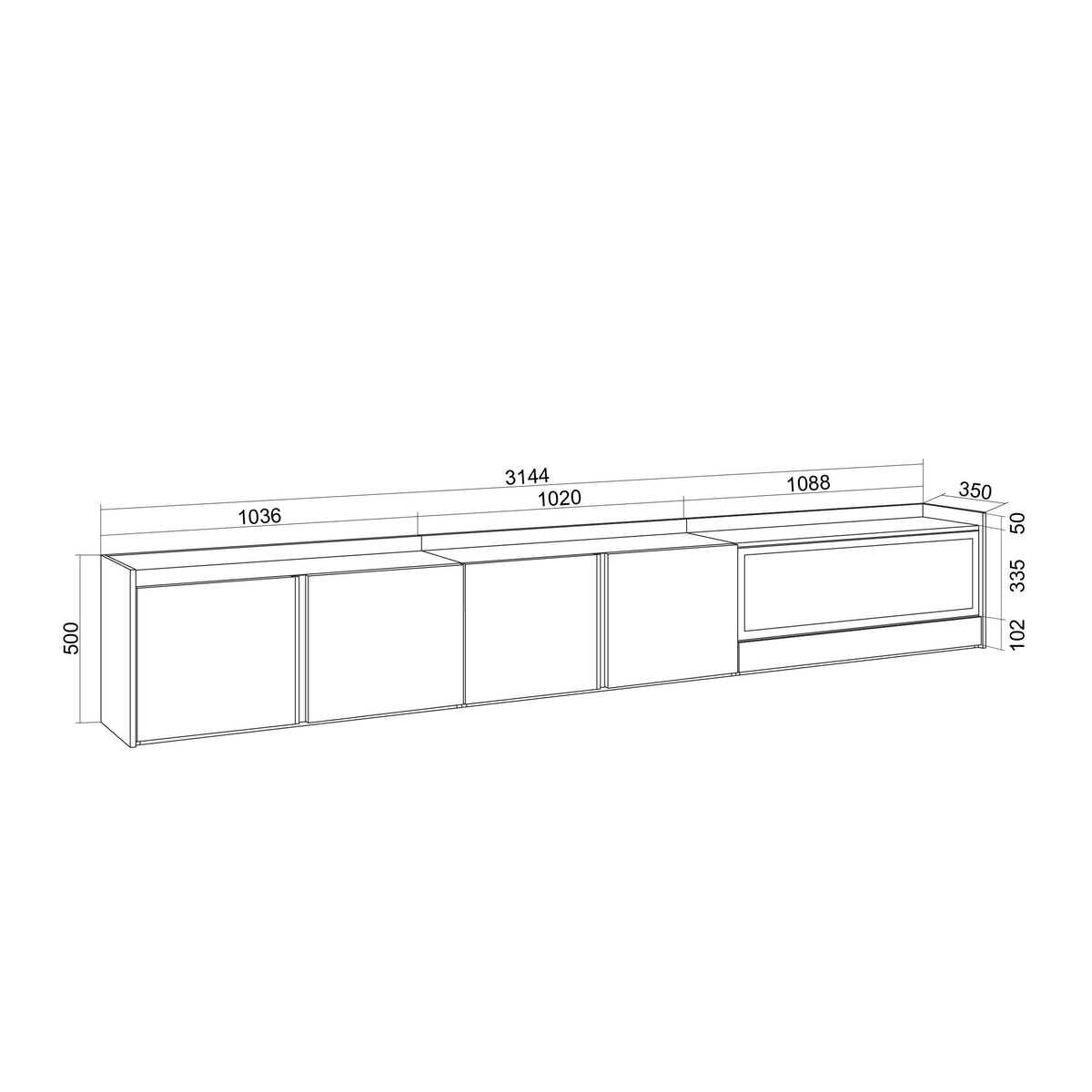 Meuble TV Suspendu 315x50x35 cm Pour les TV jusqu'à 80" Cheminée électrique à droite XXL Mural Chêne et noir