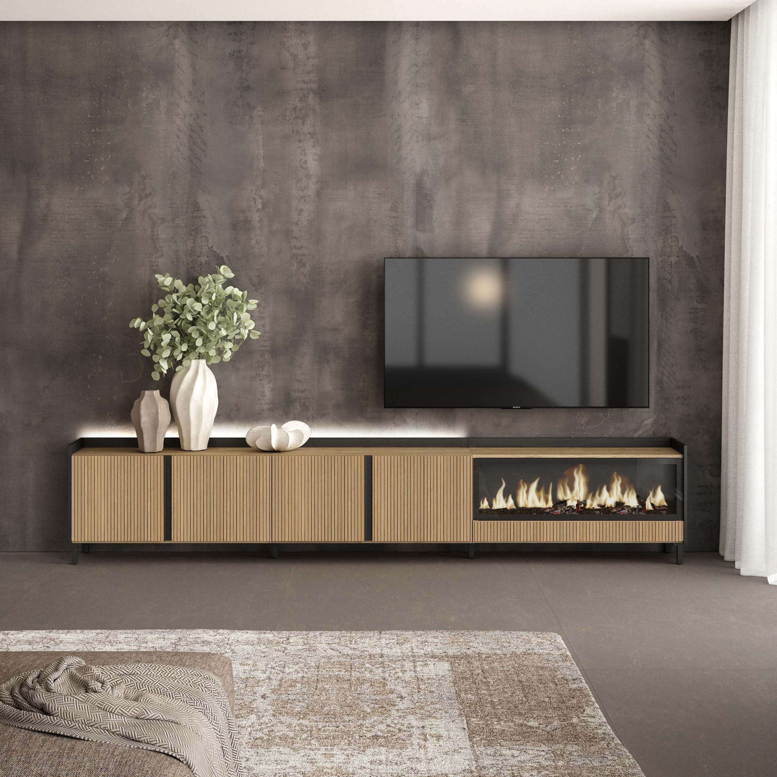 Meuble TV Led 315x61x35 cm Pour les TV jusqu'à 80" Cheminée électrique à droite XXL Design industriel Chêne et noir