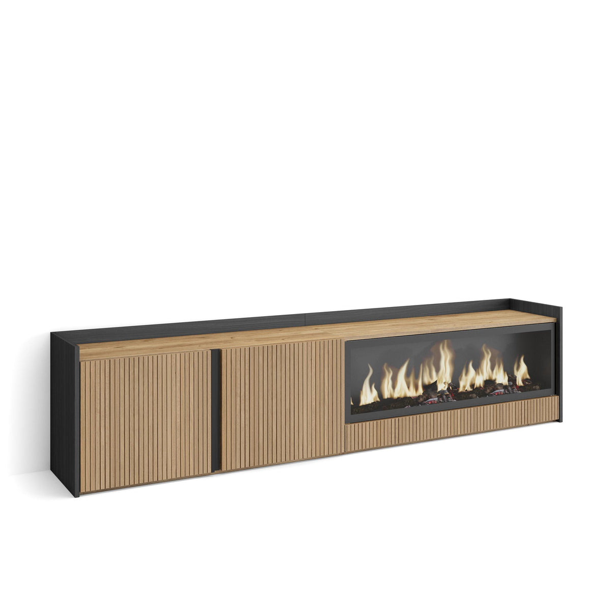 Meuble TV 212x50x35 cm Pour les TV jusqu'à 80" Cheminée électrique à droite XXL Chêne et noir