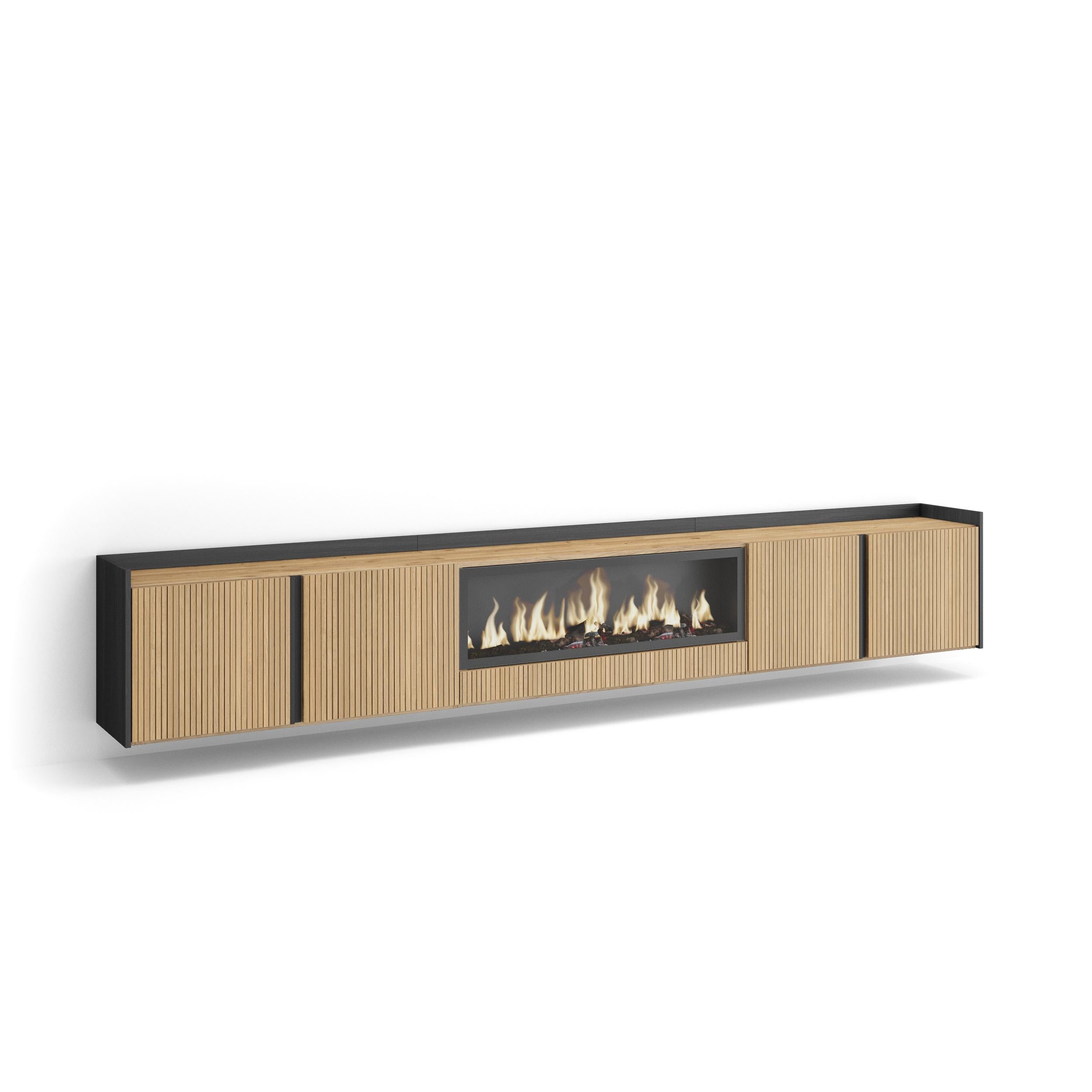 Meuble TV Suspendu 315x50x35 cm Pour les TV jusqu'à 80" Cheminée électrique au centre XXL Mural Chêne et noir