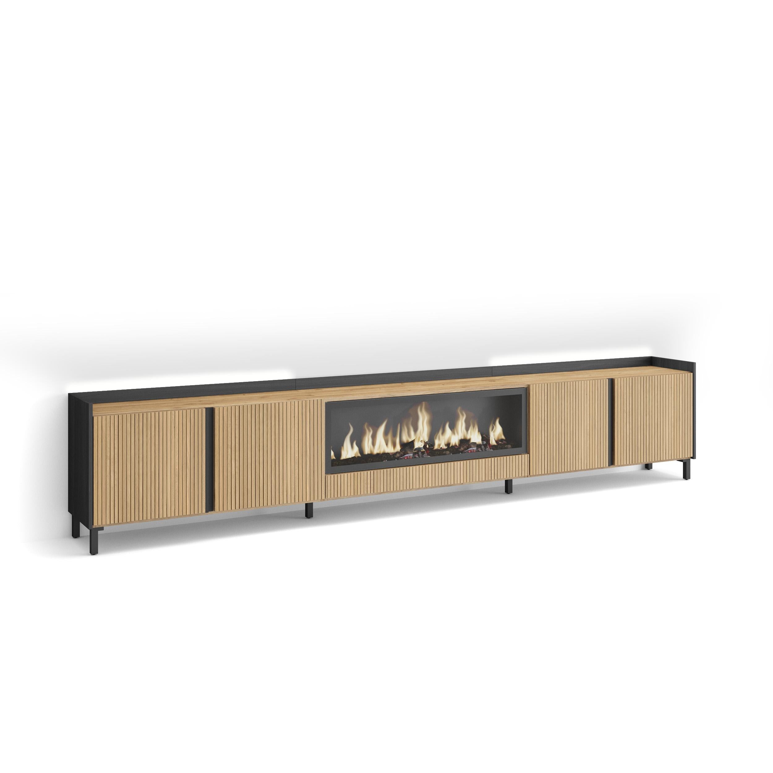 Meuble TV Led 315x61x35 cm Pour les TV jusqu'à 80" Cheminée électrique au centre XXL Design industriel Chêne et noir