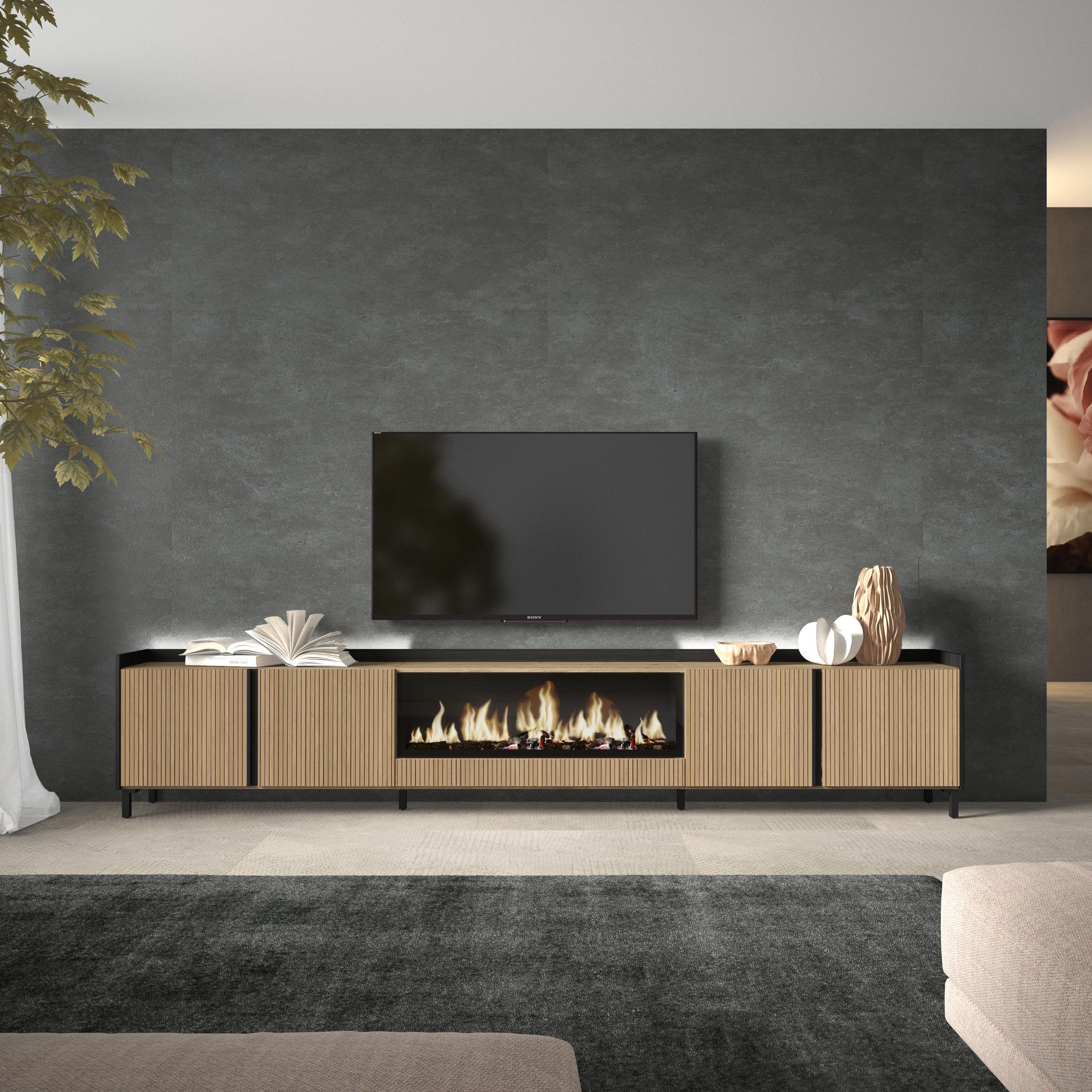 Meuble TV Led 315x61x35 cm Pour les TV jusqu'à 80" Cheminée électrique au centre XXL Design industriel Chêne et noir